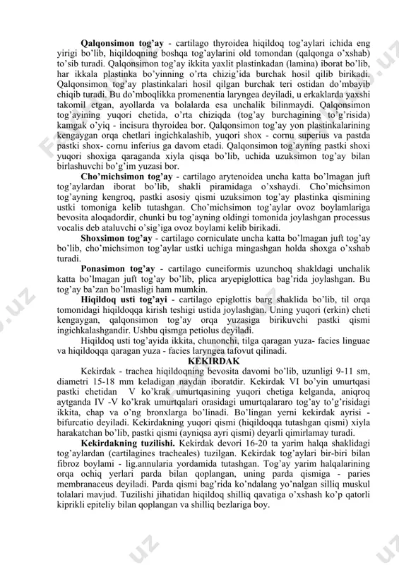 ildoq ancha murakkab tuzilgan. hiqildoq iv-vi bo’ umurtqalari sohasida, bo’yinning oldingi yuzasida joylashgan. ayollarda hiqildoq erkaklardagiga qaraganda bir oz yuqori bolalarda esa, kattalarga qaraganda yuqoriroq, keksa odamlarda o’rta yoshdagilarga qaraganda pastroqda joylashgan. orqa tomondan halqum, yon tomondan esa bo’yindan o’tuvchi qon tomirlar bilan o’ralab turadi. halqumning oldingi tomonida - teri bilan halqum orasida til osti suyagidan pastdagi muskullar (m.m.sternohyoideus, sternothy ideus) va ularni o’rab turadigan fassiyalar joylashgan. hiqildoq tog’aylari uzuksimon tog’ay - cartilago cricoidea nomiga yarasha uzukka o’xshaydi, uning ingichkalashgan oldingi qismiga (uzuk halqasi) arcus deyiladi, kengaygan orqa qismi plastinka (uzuk ko’zi) lamina deb ataladi. qalqonsimon tog’ay - cartilago thyroidea hiqildoq tog’aylari ichida eng yirigi bo’lib, hiqildoqning boshqa tog’aylarini old tomondan (qalqonga o’xshab) to’sib turadi. qalqonsimon tog’ay ikkita yaxlit plastinkadan (lamina) iborat bo’lib, har ikkala plastinka bo’yinning o’rta chizig’ida burchak hosil qilib birikadi. qalqonsimon tog’ay plastinkalari hosil qilgan burchak teri ostidan do’mbayib chiqib turadi. bu do’mboqlikka promenentia laryngea deyiladi, u …