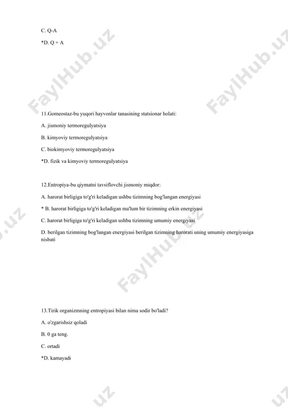 rgiya c. issiqlik va erkin energiya *d. erkin energiya va bog'langan energiya 25.prigojin teoremasi quyidagilarni ta'kidlaydi: a. statsionar holatda entropiya ishlab chiqarish tezligi vaqt o'tishi bilan doimiy va minimal darajada bo'ladi b. statsionar holatda entropiya ishlab chiqarish tezligi minimal va vaqt o'tishi bilan mos kelmaydi c. statsionar holatda entropiya ishlab chiqarish tezligi vaqt o'tishi bilan o'zgaruvchan va maksimal darajada *d. statsionar holatda entropiya ishlab chiqarish tezligi nolga teng 26.tana haroratini o'lchash usullari deyiladi … a. polarimetriya b. kalorimetriya *c. termometriya d. spektrometriya 27.termopara o'lchash uchun mo'ljallangan … a. joriy kuchlar b. elektr o'tkazuvchanligi c. qarshilik *d. harorat 28.termopara quyidagilardan iborat .. *a. ikki xil o'tkazgich b. dielektrik va o'tkazgich c. ikki xil dielektrik d. ikkita bir xil o'tkazgich 29.harorat ... tizim zarralarining o'lchovidir a. impuls *b. energiya c. tartiblilik d. tasodifiylik 30.termografiya paytida quyidagilar qo'llaniladi: *a. termal tasvirlar b. osiloskoplar c. qattiq kristalli ko'rsatkichlar d. suyuq kristalli ko'rsatkichlar 31.ochiq tizim …