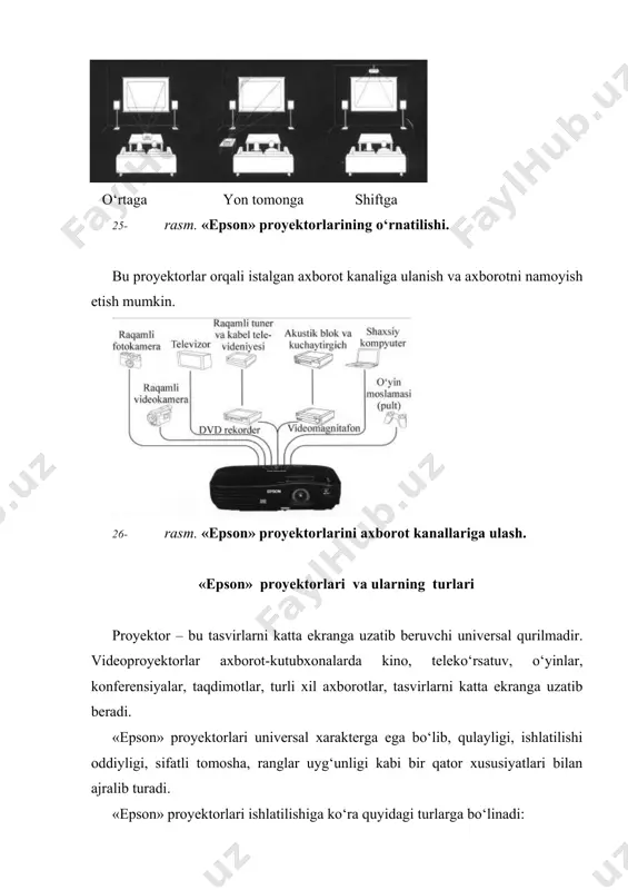 ega: · «epson» 3lcd texnologiyasi sifatli tomoshani ta’minlaydi; · «epson» firmasida ishlab chiqarilayotgan e–torl lampasi arzon va sifatliligi bilan kafolatlanadi; · tezkor yoqib, o‘chirish direct rower off sistemasi proyektor-ning tez sovishini, sovishini poylamasdan ishlatishini ta’minlaydi; · tasvir va ovozlarni usb display – kabelni boshqarish imkoniyati borligi; · tasvirlarni lens shift, quid comer va screen fit texnologiyasi tez va aniq, qisqa vaqtda sozlash imkoniyatini beradi; · kabellarsiz ulash easy m texnologiyasi asosida bajariladi; · intereaktiv funksiya asosida ishlashi ekransiz, doskaga, devorga to‘g‘ridan to‘g‘ri tushirish imkoniyatini beradi. «epson» proyektorlari katta bo‘lmagan o‘rtacha xonalarga, trening, taqdimot, o‘qitish, hujjat kamera, mobil, o‘rta va katta xonalarga, katta zallarga, kinoteatrlarga va boshqa sharoitlarni hisobga olib chiqarilmoqda. kuniga 8000 dan oshiq proyektorlar ishlab chiqariladi. «epson»kompaniyasi tomonidan ishlab chiqarilayotgan proyektorlarda dvd proigrivatel va tovush karnayi 1 ta korpusga o‘rnatilgan bo‘lib, keng formatda katta ekranga kinotasvirlarni tushirib beradi. proyektorni ishlatish oddiy, tok manbayiga ulash, dvd diskni qo‘yish va kinotasvirlarni …