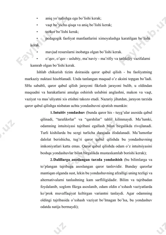 ’lgan muammoni o’rganishda sotsiometriya, guruhiy jipslikni dagnostikasi, faoliyatdan konikkanlik holatini baxolash tastlarini kullash mumkin. tayanch iboralar: qaror, normativ, diskriptiv yondashuv, boshqaruv, konsensus, strategik qaror, umumiy, maxsus, stereotip, tashabbusli an’anaviy, tavsiyali, aniq, noaniq, tezkor(operativ), muntazam, shaxsiy, boshqaruvchi. nazorat savollari: 1. ratsionallik yondashuvda ma’lum bir muammoning ratsional echimini topish qanday bosqichlarni bosib o’tadi? 2. qaror qabul qilishda qanday yondashuvni ajratib ko’rsatish mumkin? 3. tezkor qaror qabul qilishda qanday talablar ko’yiladi? 4. qarorning nazariy strukturaviy modelini aytib bering. 5. psixologik omillarga nimalar kiradi? foydalaniladigan adabiyotlar ro’yxati 1. managing with systems thinking, michael balle, mcgraw-hill, london, 1994 2. каримова в.а., зайнутдинова м.б., назирова э.ш., садыкова ш.ш. тизимли таҳлил асослари. тошкент. – “шарк” - 2014 3. отамурадов с. глобаллашув ва миллий – маънавий хавфсизлик. т.» ўзбекистон»2013 4. перегудов л.в.саидов м.х. илмий ижод методологияси т.молия 2008. 5. о’коннор дж., макдермотт и. искусство системного мышления: необходимые знания о системах и творческом подходе к решению проблем. м., 2006. …