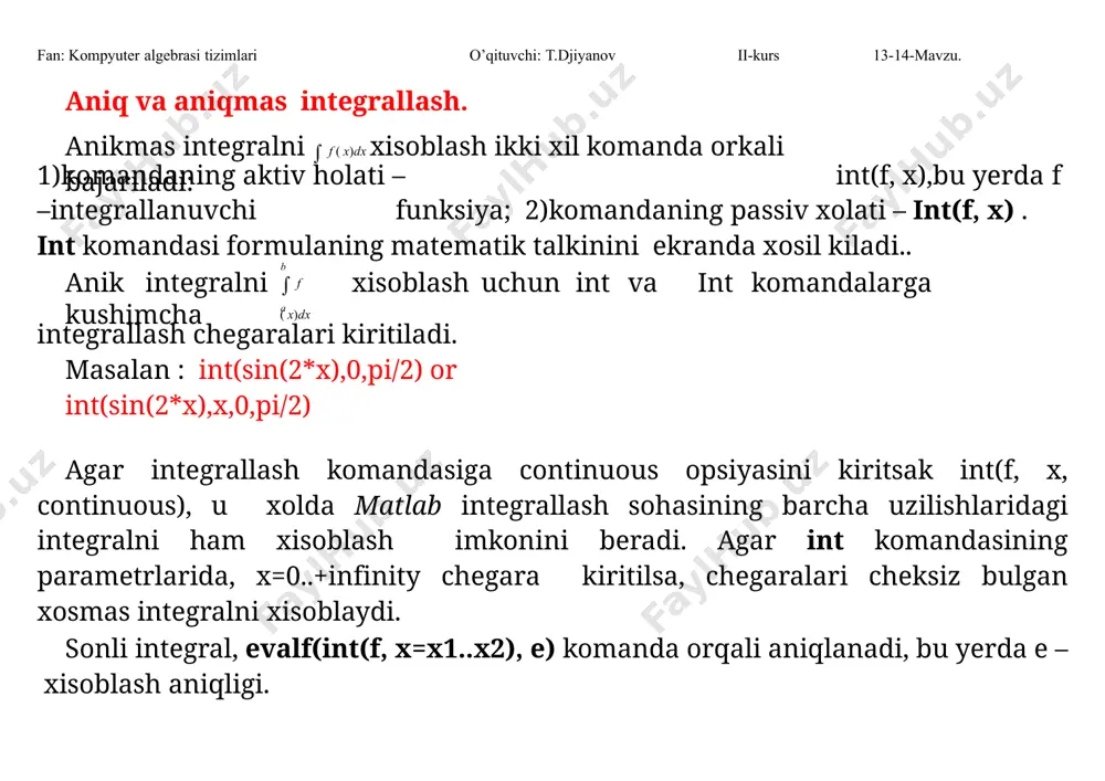 lama yechimini topish uchun quyidagi hisoblash ketma-ketligini bajaramiz. i =0 bo‘lganda x0=1.3 u0=2.6 lar uchun yechimning birinchi qiymatini hisoblaymiz. q10=hf (x,y)=0.1(x0+cos(y0/ 5 )=0.1(1.8+cos(2.6/ 5 )=0.2196 q20= hf (x0+h/ 2, y0+ q10/2)=0.201245 q30= hf (x0+h/ 2, y0+ q20/2)=0.2205 q40= hf (x0+h, y0+ q30)=0.2927 y1=y0+( q10+ 2q20+ 2q30+ q40)/ 6=2.02596 demak, berilgan tenglamaning birinchi qiymati y1 =2.02596 bo‘ladi. yuqoridagi qoidani i=1, x1=1.9, y1 =2.02596 lar uchun qo‘llab y2=3.0408 ni topamiz. shuningdek, i=2,3,…,10 lar uchun tenglama yechimini qolgan qiymatlarini topamiz. y3=3.2619 y14=3.4831 y 5=3.7045 y 6=3.9260 y 7=4.1478 y 8=4.370 y 9=4.5931 y 10=4.9172 fan: kompyuter algebrasi tizimlari o’qituvchi: t.djiyanov ii-kurs 13-14-mavzu. 9.2-maple 7 dasturi рунге-кутта usulida hisoblash(9.1-масала): > de:=diff(y(t),t)=t+cos(y(t)/sqrt(5)); d 0 1 dt 5 de := y ( t ) = t c cos y ( t ) 5 1 > ysol:=dsolve({de, y(1.8)=2.6}, numeric, method=rkf45); ysol := proc ( x_rkf45 ) ...end proc > ysol(1.9); [ t = 1.9, y ( t …
