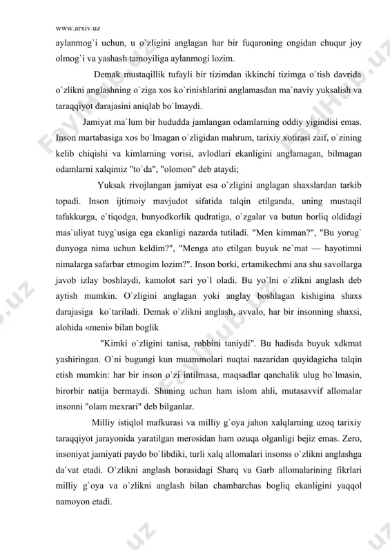milliy g`oya jahon xalqlarning uzoq tarixiy taraqqiyot jarayonida yaratilgan merosidan ham ozuqa olganligi bejiz emas. zero, insoniyat jamiyati paydo bo`libdiki, turli xalq allomalari insonss o`zlikni anglashga da`vat etadi. o`zlikni anglash borasidagi sharq va garb allomalarining fikrlari milliy g`oya va o`zlikni anglash bilan chambarchas bogliq ekanligini yaqqol namoyon etadi. delfadagi appolon ibodatxonasining devorlariga o`yib yozilgan va an`ana bo`yicha yetti yunon donishmandlaridan biri sparxalik xilonga tegishli deb hisoblangan "o`zligingni angla" ishori qadimgi yunon falsafasining o`zak masalasi bo`lib qoldi. yunon mutafakkirlarini bu borada izlanishga da`vat etdi. eramizdan avvalgi v asrda protagor, "inson barcha narsalarning o`lchovidir", degan fikrni ilgari surdi. suqrot uchun esa "o`zligingni angla" hikmati donishmandlikning qoidasiga aylandi. o`zligini anglagan inson ma`naviy yuksalishga erishadi, har qanday sharoitda ezgulikka choglanadi. shu nuqtai nazardan, inson ruhiy quvvatining ramziga aylangan suqrotning hayoti va o`limi hammamizga saboq bo`la oladi. sharqu garb allomalari o`zlarini va o`z davrlarini anglashga harakat qilishar ekan, takror va takror suqrotga murojaat etishgan. suqrot …