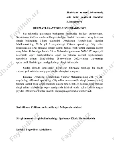 talaba haqida xabarni yetkazish amaliyati — DOC