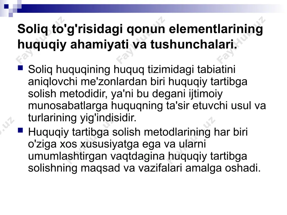 agan yoki nohalol bajarganda soliq idoralari u yoki bu sanktsiyalarni, ya'ni ta'sir ko'rsatishning muayyan usullarini , misol uchun bank hisobvaraqlari bo'yicha hisob - kitob operatsiyalarini to'xtatib qo'yish mablag'larni to'lovchining hisob varaqlaridan so'zsiz hisobdan chiqarish va boshqa usullarni qo'llashi mumkin bo'lgan hollarda juda muhimdir soliq tizimi muvaffaqiyatli ishlashi uchun soliq qonunchiligi-ning aniq tartibini ishlab chiqish hamda belgilash zarur. uning hujjat va me'yorlari soliqni tartibga solishning barcha zarur unsurlarini o'z ichiga olishi kerak. bunda bosh omillar - soliq huquqiy munosabatlari muayyan sohasining to'liq yuridik boshqarilishi va soliq amallarining batafsil tartibga solinishi hamda ular mazmunini ta'minlashdir. qonuniylik jamiyat normal faoliyatining asosi, mustaqil davlatni iqtisodiy va ijtimoiy rivojlantirish vazifalarini muvaffaqiyatli bajarishning zarur sharti va g'oyat muhim shartdir. uning yashashi xuddi ana shunga bog'liq, qonuniylikning jamiyat hayotidagi real roli xuddi ana shundan iborat. u ijtimoiy munosabatdagi barcha ishtirokchilarning harakat birligini, intizom va huquqiy tartibni ta'minlaydiki, bularsiz iqtisodiyotni shakllantirish va mustahkamlashni tasavvur etib bulmaydi. qonuniylikni mustahkamlashning …
