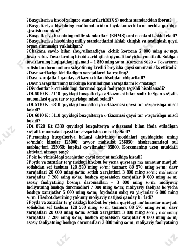 i inventarizatsiyalash qaysi buxgalterlik schyotlarini qamrab oladi? ?bir oy ilgari korxona, qiymatini to‘liq miqdorda to‘lamay turib, mol etkazib beruvchidan tovar oldi. korxona o‘z kreditori bilan to‘liq hisob-kitob qilgan paytda quyida ko‘rsatilgan hodisalardan qaysi biri sodir bo‘ladi? ?birinchi tur o‘zgarish balansning qaysi qismida kuzatiladi? ?birinchi tur o‘zgarishiga berilgan ta’rif qaysi javobda to‘g‘ri ko‘rsatilgan? ?brutto balans nima? ?buxgalteriya balansi nima? ?buxgalteriya balansining nechta bo‘limdan iborat ?buxgalteriya hisobi to‘g‘risidagi qonunga ko‘ra hisobot yili qaysi davrni o‘z ichiga oladi? ?buxgalteriya hisobi xalqaro standartlari(bhxs) nechta standarddan iborat? ?buxgalteriya hisobining ma’lumotlaridan foydalanuvchilarni nechta guruhga ajratish mumkin? ?buxgalteriya hisobining milliy standartlari (bhms) soni nechtani tashkil etadi? ?buxgalteriya hisobining milliy standartlarini ishlab chiqish va tasdiqlash qaysi organ zimmasiga yuklatilgan? ?chakana savdo bilan shug‘ullanadigan kichik korxona 2 000 ming so‘mga tovar sotdi. tovarlarning hisobi xarid qilish qiymati bo‘yicha yuritiladi. sotilgan tovarlarning haqiqatdagi qiymati – 1 850 ming so‘m. korxona 9020 « tovarlarni sotishdan daromadlar» schyotining krediti bo‘yicha qaysi summani …