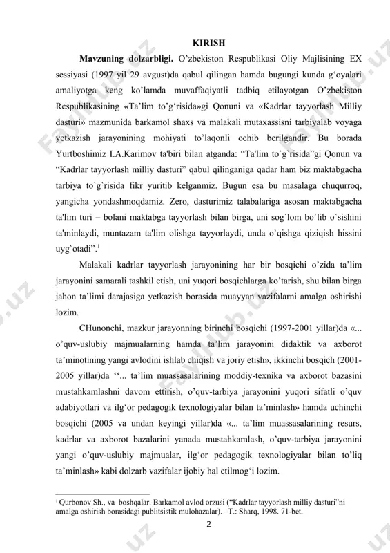 -uslubiy majmualarning hamda ta’lim jarayonini didaktik va axborot ta’minotining yangi avlodini ishlab chiqish va joriy etish», ikkinchi bosqich (2001-2005 yillar)da ‘‘... ta’lim muassasalarining moddiy-texnika va axborot bazasini mustahkamlashni davom ettirish, o’quv-tarbiya jarayonini yuqori sifatli o’quv adabiyotlari va ilg‘or pedagogik texnologiyalar bilan ta’minlash» hamda uchinchi bosqichi (2005 va undan keyingi yillar)da «... ta’lim muassasalarining resurs, kadrlar va axborot bazalarini yanada mustahkamlash, o’quv-tarbiya jarayonini yangi o’quv-uslubiy majmualar, ilg‘or pedagogik texnologiyalar bilan to’liq ta’minlash» kabi dolzarb vazifalar ijobiy hal etilmog‘i lozim. mazkur vazifalarning muvaffaqiyatli hal etilishida yana bir omilning mavjudligi, ya’ni, uzluksiz ta’lim tizimi xodimlari, pedagog-o’qituvchilar tomonidan zamonaviy ta’lim texnologiyalarining mohiyatidan xabardorliklari hamda ularni ta’lim jarayonida samarali qo’llay olishlari, shuningdek, ta’lim jarayonini tashkil etishga nisbatan ijodiy yondoshuvning qaror topishi muhim ahamiyat kasb etadi. ayni vaqtda respublika ijtimoiy hayotiga shiddatli tezlikda axborotlar oqimi kirib kelmoqda va keng ko‘lamni qamrab olmoqda. axborotlarni tezkor sur’atda qabul qilib olish, ularni tahlil etish, qayta ishlash, nazariy jihatdan umumlashtirish, …