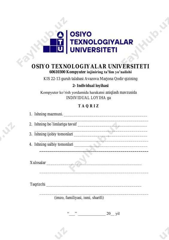 adal rivojlanmoqda. ayniqsa, inson faoliyatini avtomatlashtirish, xavfsizlikni ta’minlash va real vaqtli nazorat tizimlarini yaratishda kompyuter ko‘rishning ahamiyati juda yuqori. shunday yo‘nalishlardan biri — harakatni aniqlash tizimlari bo‘lib, bu turdagi texnologiyalar videokuzatuv, xavfsizlik kameralari, avtomatik eshiklar, interaktiv o‘yinlar va boshqa ko‘plab sohalarda keng qo‘llaniladi. ushbu loyiha doirasida kompyuter ko‘rish texnologiyasi yordamida real vaqt rejimida harakatni aniqlovchi tizim ishlab chiqish maqsad qilingan. tizim foydalanuvchining kamerasi orqali tasvirlarni tahlil qilib, harakat mavjudligini aniqlaydi va foydalanuvchiga bu haqda ma’lumot beradi. loyihani amalga oshirishda python dasturlash tili hamda opencv kabi ochiq manbali kutubxonalar asos qilib olindi. loyihaning afzalliklari — uning soddaligi, bepul vositalardan foydalanilishi va real vaqtli ishlash imkoniyatidir. shu bilan birga, ba’zi cheklovlar ham mavjud: yorug‘lik darajasining o‘zgarishi, kamera sifati va fon holatiga sezuvchanlik tizimning aniqligiga ta’sir ko‘rsatadi. mazkur ishda dastlab loyiha g‘oyasi va ishlatiladigan texnologiyalar tahlil qilinadi, so‘ngra amaliyotga o‘tiladi va yakuniy natijalar asosida xulosa beriladi. bu loyiha kompyuter ko‘rishning amaliy jihatlarini chuqurroq …
