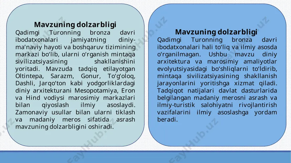 tadqiqotlar. xx asrning 80-yillaridan boshlab sarazmda a.i. isakov tomonidan olib borilgan tadqiqotlar. 1982-yilda dushanbeda o‘tkazilgan “qadimgi baqtriya arxeologiyasi” mavzusidagi sovet-fransuz simpozium 1978–2000-yillardagi qazishmalar asosida g.r. karimova sarazmning diniy inshootlarini tadqiq etib, yodgorlikning 12 foizi o‘rganilgani, 24 ta doira va 16 ta to‘rtburchak shakldagi mehrob aniqlan i bob qadimgi turonda ibodatxonalarining paydo bo‘lishi va evolyutsiyasi § 1.1. qadimgi turon bronza davri ilk ibodatxonalarining o‘rganilish tarixi gonurtepada qazishmalar 1972-yilda boshlangan va natijalari ilmiy nashrlarda yoritilgan gonurtepada ikkita ibodatxona aniqlangan. 1.janubiy gonur – temenos; 2. shimoliy gonur ibodatxonasi. xx asrning 70-yillaridan boshlab janubiy o‘zbekiston hududidagi sopollitepada tadqiqotlar boshlangan. 1973-yilda bo‘stonsoy bo‘yida jarqo‘ton turar-joy majmuasi ichildi. sopolli madaniyati 1) jarqo‘ton (mil. avv. 1500–1350-yillar), 2) ko‘zali (mil. avv. 1350–1200-yillar), 3) molali (mil. avv. 1200–1000-yillarga) bosqichlarga bo‘linadi, jarqo‘ton - xitoy tadqiqotlariga ko‘ra 1800 yillar bilan davrlashtirilmoqda 1970-yillardan boshlab v.i.sarianidi tomonidan davlatobod, nikchin, farruxobod va dashli kabi dehqonchilik vohalari aniqlandi 1971–1973-yillarda olib borilgan tadqiqotlar natijasida ikki quriish …