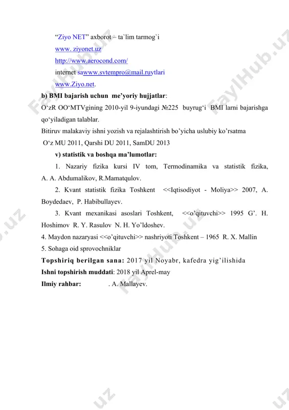 i. 1-bobda real jarayonlar fizik asoslari keltirilgan. 2-bobda esa real va ideal gazlar o’zaro t 3-bobda esa real gaz klassik statistik fizika nazaryasining bazi bir tadbiqlari malakaviy ishga baho (maksimal 100 ball) bekmurodov zohiriddin bitiruv malakaviy ishi bakalavr bitiruv malakaviy ishiga qo’yiladigan barcha talablarga javob beradi va ushbu ishni yuqori bahoga baholash mumkin. malakaviy ish rahbari: a. mallayev _________________________ “____” ___________________2018 y. (imzo) qarshi davlat universiteti fizika-matematika fakulteti “5140200-fizika” ta’lim yo’nalishi talabasi bekmurodov zohiriddin “tabiatdagi real jarayonlarni statistik fizika nazaryasi asosida tushuntirish” mavzusidagi bitiruv malakaviy ishiga taqriz malakviy ish mavzusi: malakaviy ishning dolzarbligi va berilgan topshiriqqa xosligi: mavzu tabiatdagi real jarayonlarni statistik fizika nazaryasi asosida tushuntirish -fizik hodisa va qonuniyatlarni tajribalar asosida o‘rganish, asl mohiyatini bilish-ilmiy dunyoqarashini shakllantirishdagi dolbzarb muammoligi o‘rganildi. -nazariy fizikaga doir asosiy kattaliklarni xarakterlovchi parametrlarni eksperimental o‘lchash yo‘li bilan tabiatdagi real jarayonlarning fizik xossalari va qo‘llanilish chegerasi aniqlanashi hamda tajriba natijalari nazariya asosini tashkil etishi qaraldi. -ta’lim …