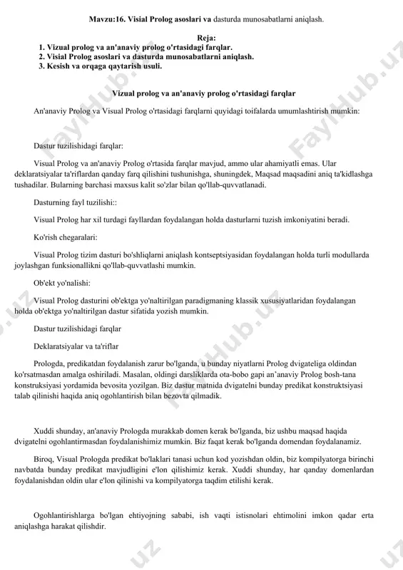 h mumkinligini ko'rib chiqaylik. opn usuli qoidaning ishlamay qolishiga olib keladigan muvaffaqiyatsiz predikatdan foydalanadi. u ishga tushganda, ichki birlashtirish tartiblari qaytish nuqtasiga qaytadi va oxirgi bayonot qayta ishlanmaguncha jarayon takrorlanadi. mavzu:16. visial prolog asoslari va dasturda munosabatlarni aniqlash. reja: 1. vizual prolog va an'anaviy prolog o'rtasidagi farqlar. 2. visial prolog asoslari va dasturda munosabatlarni aniqlash. 3. kesish va orqaga qaytarish usuli. vizual prolog va an'anaviy prolog o'rtasidagi farqlar an'anaviy prolog va visual prolog o'rtasidagi farqlarni quyidagi toifalarda umumlashtirish mumkin: dastur tuzilishidagi farqlar: visual prolog va an'anaviy prolog o'rtasida farqlar mavjud, ammo ular ahamiyatli emas. ular deklaratsiyalar ta'riflardan qanday farq qilishini tushunishga, shuningdek, maqsad maqsadini aniq ta'kidlashga tushadilar. bularning barchasi maxsus kalit so'zlar bilan qo'llab-quvvatlanadi. dasturning fayl tuzilishi:: visual prolog har xil turdagi fayllardan foydalangan holda dasturlarni tuzish imkoniyatini beradi. ko'rish chegaralari: visual prolog tizim dasturi bo'shliqlarni aniqlash kontseptsiyasidan foydalangan holda turli modullarda joylashgan funksionallikni qo'llab-quvvatlashi mumkin. ob'ekt yo'nalishi: visual prolog …