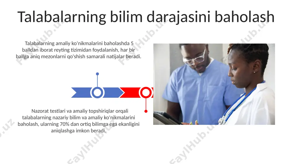 a muloqot pedagogik muloqotda 5 ta asosiy kommunikativ ko'nikma (tinglash, gapirish, yozish, o'qish, tan olish)ni rivojlantirish, bemorlarga sifatli tibbiy yordam ko'rsatish uchun muhim ahamiyat kasb etadi. kasbiy rivojlanish dasturlari orqali 30 dan ortiq shifokor va hamshiralar o'rtasidagi samarali pedagogik hamkorlikni kuchaytirish, bilim almashinuvi va kasbiy kompetensiyani oshirishga yordam beradi. axborot texnologiyalaridan foydalanish axborot texnologiyalari, masalan, elektron tibbiy kartalar (ekt) yordamida bemorlar haqidagi ma’lumotlarni 30% ga tezroq qayta ishlash va tahlil qilish imkonini beradi, bu esa diagnostika va davolash jarayonini tezlashtiradi. onlayn o’quv platformalari orqali 100 dan ortiq ta’lim resurslariga kirish imkoniyati, masofadan turib o’qitish va doimiy kasbiy rivojlanishni ta’minlaydi. o'qitishning asosiy usullari interaktiv o'quv usullari, masalan, muammoli vaziyatlarni hal qilish (case studies) yoki rollarni o'ynash orqali, talabalarning 85% faol ishtirokini ta'minlaydi va bilimni mustahkamlaydi. simulyatsiya va virtual reallik texnologiyalari yordamida klinik ko'nikmalarni o'rgatish jarayoni 50% tezlashishi va xatoliklar soni 2 barobar kamayishi mumkin. e'tiboringiz uchun rahmat @taqdimot_robot image4.jpg image5.jpg image6.jpg …