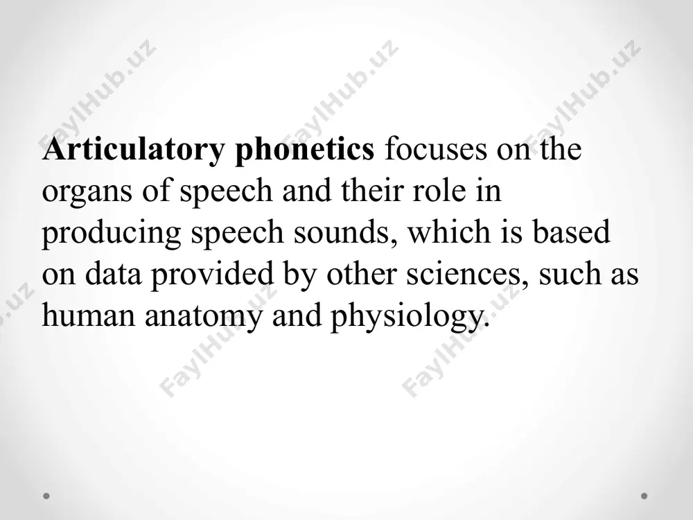 d production and their most important function is to act as the place of an articulatory stricture) the upper teeth the alveolar ridge the hard palate the pharynx the larynx the vocal tract consonants are often classified according voicing, place and manner: voicing means that the vocal folds are used; if they are not, the sound is voiceless (note that vowels always imply the use of vocal folds); place of articulation is the place where the air flow will be more or less obstructed; manner is concerned with the nature of the obstruction. voicing in a normal position, the vocal folds are apart and we say that the glottis is open. when the edges of the vocal folds touch each other, air passing through the glottis will usually cause vibration. this opening and closing is repeated regularly and gives what is called voicing. [b] [p] [m] bilabial sounds are produced …