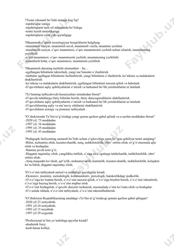 hilarning faoliyati -pedagogik jarayon-inson shaxsini shakllantirishning qaratilgan jarayon -yosh avlodni hayotga, mehnatga tayyorlash uchun xalq oldida davlat oldida javob beradigan, ta’lim-tarbiya berishda maxsus tayyorlangan odamlarining mehnat faoliyati -bolalarga ta’lim-tarbiya berishga maxsus tayyorlangan shaxslar ?tarbiya metodlarini klassifikasiyalash qaysi javobda to’g’ri berilgan? -ijtimoiy ongni shakllantirish, ijtimoiy xulq-atvor normalarini shakllantirish va faoliyatni tashkil etish, pag’batlantirish va jazolash, o’z-o’zini tarbiyalash -ijtimoiy xulq-atvor normalarini shakllantirish va faoliyatni tashkil etish, suhbat, disput, leksiya, shaxsiy namuna -suhbat, kuzatish, anketa, ilmiy amaliyotdan o’tkazish, reyting -ijtimoiy xulq-atvor normalarini shakllantirish va faoliyatni tashkil etish, og’zaki, ko’rgazmali, amaliy topishmoq, pedagogik talab, maqtash, jazolash ?o’qitishning texnik vositalaridan foydalanish metodlari qaysi metodlar guruhiga kiradi? -o’qitishni og’zaki bayon qilish metodi -o’qitishning ko’rgazamlilik metodlari -o’qitishni amaliy metodlari -mustaqil ish metodlari ?testni ishonarli bo’lishi nimaga bog’liq? -topshiriqlar soniga -topshiriqlarni turli xil mazmunda bo’lishiga -testni tuzish metodikasiga -topshiriqlarni oson yoki qiyinligiga ?muammoli o’qitish texnologiyasi bosqichlarini belgilang: -muammoli vaziyat, muammoli savol, muammoli vazifa, muammo yechimi -muammoli vaziyat, o’quv …