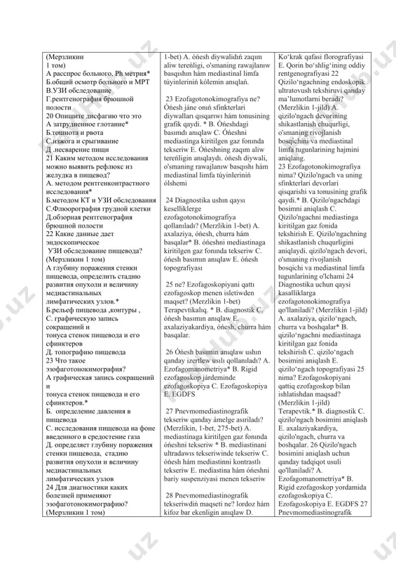 rden* b. 3 dáwirden c. 5 dáwirden d. 2 dáwirden hápteden c. 3 háptege shekem d. 8 háptege shekem 104. 1-ótkir dáwirde óńeshning kúyiwi qanday tásirlerden ólimge alıp keliwi múmkin? (saveliev 2014, 60 -bet) shok hám kóp aǵzalar etiwmovchiligidan a hám 10% * b. suwsızlanıw hám gipovolemiyadan 10% c. hádden tıs qozǵalıw hám dem alıwdı toqtatıwdan 10% d. sepsis hám kóp aǵzalar etiwmovchiligidan 10% 105. dáwir. qıyalıy párawanlıqtıń, yaǵnıy 2 dáwir óńeshning kúyiwinen neshe kúnden keyin baslanadı? (savelyev 2014, 60 -bet) a. 7-14 kúnden keyin* b. 20 -30 kúnden keyin c. 25-45 kúnden keyin d. 15-20 kúnden keyin? ( savelyev 2014, 60 -bet) a. 28-35 kúnden keyin kun* b. 15—20 kúnden keyin c. 7—14 kúnden keyin d. 2 hápteden keyin (savelyev 2014, 60 -bet) a. óńesh obliteratsiyasi, óńesh saratoni* b. qan tamırları obliteratsiyasi, as qazan jarası c. xoledox obliteratsiyasi hám oddi sfinkteri d.pilorik stenoz, óńesh saratoni 108. óńesh kúyiwinde asıǵıs …