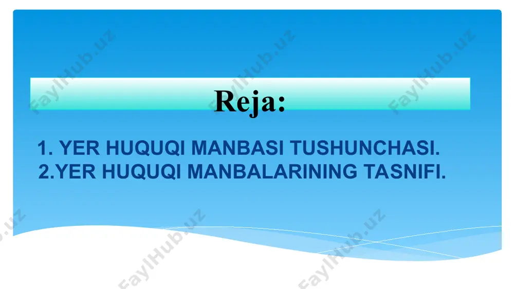 ’yorlarni belgilashga, o‘zgartirishga yoki bekor qilishga qaratilgan rasmiy hujjat” o’zb.rea.qonuni “nhht” normativ-huquqiy hujjatga qo’yiladigan talablar vakolatli davlat organlari tomonidan qabul qilinishi belgilangan doirada majburiy ahamiyat kasb etishi yerdan oqilona foydalanish va muhofaza qilish qoida-talablarni belgilashi rasmiy shakl, tuzilish, amal qilish muddatlari va boshqa atributlarga ega bo‘lishi normativ-huquqiy hujjatlar qabul qilish huquqiga ega bo’lgan organlar yoki mansabdor shaxslar (nhtt 4-modda) o’zbekiston respublikasi oliy majlisining palatalari o’zbekiaton respublikasi prezidenti o’zbekiaton respublikasi vazirlar maxkamasi maxalliy davlat xokimiyati organlari vazirliklar,davlat qo’mitalari va idoralari * normativ-huquqiy hujjatларнинг turlari (nhtt 5-modda) o’zbekiston respublikasi konstitutsiyasi o’zbekiston respublikasi oliy majlisi palatalari qarorlari o’zbekiston respublikasi prezidenti farmonlari va qarorlari o’zbekiston respublikasi qonunlari o’zbekiston respublikasi vazirlar maxkamasining qarorlari vazirliklar, davlat qo’mitalari va idoralarining hujjatlaqri mahalliy davlat hokimiyati organlarining qarorlari yer huquqi manbalari tavsivi qonunlar yuridik kuchi bo’ticha yerlarni muhofaza qilish qonunchiligi yer resurslaridan oqilona foydalanish qonunchiligi yerga oid munosabatlarni tartibga solinishi yo‘nalishlari bo‘yicha qonunosti hujjatlari yer huquqi manbalari tavsivi moddiy …