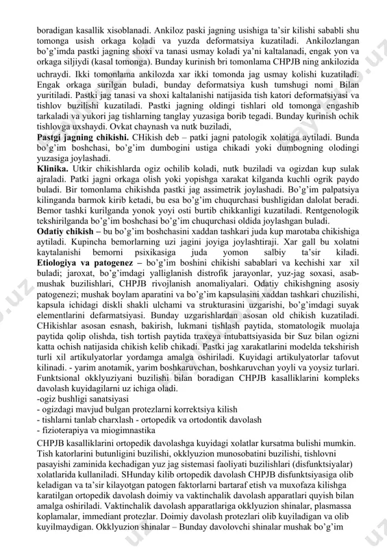 ibor berish kerak. masalan, yiringli artritlar chpjb atrofii kattik va yumshok tukimasi yiringli jarayonlari okibatida kelib chikadi (pastki jag osteomiyeliti, flekmona, paratit, urta kulok yalliglanishi). surunkali artrit: kup xollarda revmatizm okibatida kelib chikadi, ya’ni kon orkali yukadi. sinovyal membrana kalinlashib, granulyatsion tukimaga aylanadi va keyinchalik chandiklashadi va okibatda xarakat chegaralanadi. spetsefik artritlar sil va zaxm kasalliklari okibatida kelib chikadi. artroz: - bu chpjb ning distrofik uzgarish bilan boradigan kasallikdir. bu kasallik chpjbda – normadan oshik bosim, makro-va mikro jaroxat, yalliglanish jarayonlar, moddalar almashinuvi va endakrin kasalliklari natijasida kelib chikadi. artrozlar surunkali kasallik bulib, urta va katta yoshli odamlarda kuzatiladi, buning asosiy sababchisi chpjbning surunkali jaroxati xisoblanadi. okklyuzion munosobatlarning natijasida kelibertalabki ogiz ochish (startovыy bol). chpjbda ogrik va girchillash (xrust), kulokda shovkin eshitiladi. kasallikni kaytalanishi nam, sovuk ob-xavoda, shamollaganda, uzok vakt suzlashish va kattik ovkatlarni chaynash natijasida kelib chikadi. palpatsiya kilinganda ogrik fakatgina kaytalanish bosqichida kuzatiladi. ankiloz: bu pastki jagning xarakatining …