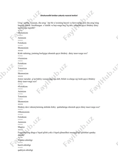 dinshunoslik fanidan yakuniy nazorat testlari — DOCX
