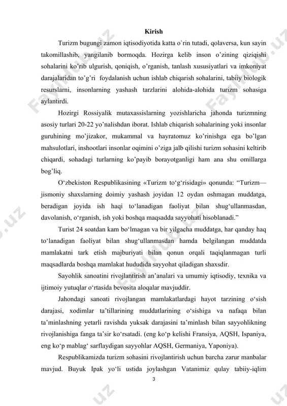 ltirib chiqardi, sohadagi turlarning ko‘payib borayotganligi ham ana shu omillarga bog‘liq. dunyoning 7 mo‘jizasini ko‘rish, ularning siru-asrorlari bilan tanishishga qiziqish qadim sivilizatsiyada turistlar oqimini tashkil qilganligi malum. bu yerda birgina «turizm» so‘zi hali kashf qilinmagan, tarifi berilmagan edi. o‘zga yerlardagi odamlarni, tabiatni ko‘rishga qiziqish, asosiy hollarda boylik izlash uchun chiqgan kishilar hozirda buyuk geografik kashfiyotchilar nomini olgan. bu davr ham jahonda turizmning rivojlanishida alohida bosqich hisoblanadi. hozirga kelib inson o‘zining qiziqishi sohalarini ko‘rib ulgurish qoniqish olish, o‘rganish, tanlash xususiyatlari va imkoniyat darajalaridan to‘g‘ri foydalanish uchun ishlab chiqarish sohalarini, tabiiy biologic resurslarni, insonlarning yashash tarzlarini alohida-alohida turizm sohasiga aylantirdi. turizm sohasida ekskursiya xizmati asosiy xizmatlardan biri hisoblanadi. tashrifbuyurgan turist eng avvalo mamlakatning tarixi, madaniyati, ijtimoiy hayoti, tabiiy resurslari bilan tanishishni, tomosha qilishni xohlaydi. ekskursiya xizmati o‘zining ko‘rgazmaliligi, mazmundorligi, hissiyotliligi bilan ekskursantlarning ma’naviy dunyoqarashi shakllanishiga ta’sir ko‘rsatadi. i.bob. ekskursiya xizmatining nazariy asoslari 1.1.ekskursiya mazmuni va mohiyati ekskursiya - ( lotinchadan. exscursio – …