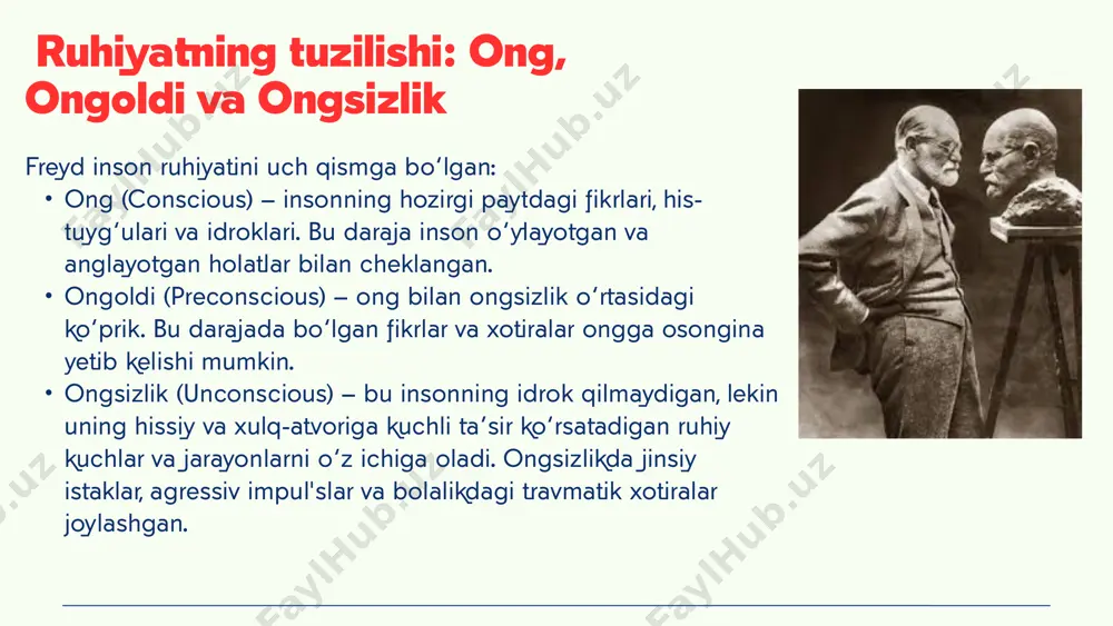 ytadi. ular simvollarga aylangan bo‘lishi mumkin va tushlar mazmunini tushunish uchun bu simvollarni tahlil qilish kerak. masalan: suv: his-tuyg‘ular yoki tug‘ilish jarayonini ifodalashi mumkin. uy: inson tanasining yoki ruhiy holatining ramzi sifatida talqin qilinishi mumkin. o‘lim yoki o‘lim holatlari: ko‘pincha o‘zgarishlar, yangi bosqich boshlanishi yoki hayotda biror narsaning tugashini ifodalaydi. jinsiy simvollar: freyd tushlar ichida jinsiy simvollar ko‘p tarqalgan deb hisoblagan. masalan, uzun, to‘g‘ri shaklli obyektlar erkak jinsiy organini, dumaloq va bo‘shliq shaklli obyektlar ayol jinsiy organini ifodalashi mumkin. psixoanalitik terapiya freyd tomonidan ishlab chiqilgan psixoanalitik terapiya inson ruhiyoti va ongsiz konfliktlarini ochish orqali davolanishga asoslanadi. bu terapiyada quyidagi texnikalar qo‘llaniladi: erkin assotsiatsiya – bemor o‘ziga kelgan barcha fikrlarni hech qanday tahrirsiz va to‘siqlarsiz so‘zlab beradi. tushlarni tahlil qilish – terapevt orzularning yashirin mazmunini ochishga yordam beradi. transferentsiya (transference) – bemorning o‘z his-tuyg‘ularini terapevtga o‘tkazishi orqali ongsiz konfliklarni aniqlash. karl gustav yungning shaxs nazariyasi "analitik psixologiya" deb ataladi va bu …