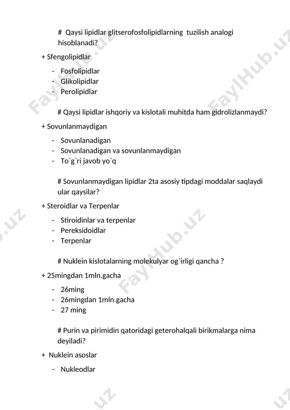 ning soni pirimidin asosining soniga teng + a+g+s+t · a=t, g=s · a+s=g+t · a+g=t=s # zanjirlarning komplementarligi nimalarning asosiy funksiyasining kimyoviy asosini tashkil etadi? + dnk ning · rnk ning · atf, amf, adf ning · c javob to’g’ri # mutatsiyaning keng tarqalgan turi bu - …. ? + birorta asoslarning jufti boshqasiga almashishidir · birorta kislotalarning jufti boshqasiga almashinishidir · birorta asosning jufti boshqasiga birikishidir · a javob to’g’ri # mutagen moddalar deb nomlangan har xil kimyoviy birikmalar qanday ahamiyatga ega? + naslni boshqarishda va uni yaxshilashda · nasl qoldirishda · nasl qoldirmaydi · hamma javob to`gri # fermentlar deb nimaga aytiladi? + organizmdagi kimyoviy reaksiyani tezlashtiruvchi biologik faol oqsilga aytiladi · organizmdagi kimyoviy reaksiyani sekinlashtiruvchi biologik faol oqsilga aytiladi · organizmdagi kimyoviy reaksiyani bormaydigan oqsilga aytiladi · to`g`ri javob yo`q # ferment lotinchada qanday ma`noni anglatadi? + “fermentum” – achitqi · “ fermentum’’ – tomizg`i · “ …