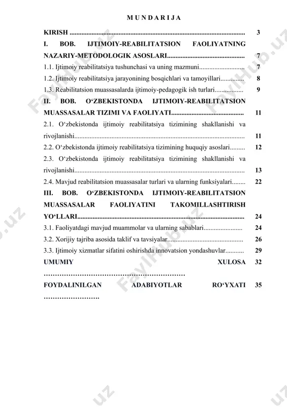 …. 35 kirish mavzuning dolzarbligi. bugungi kunda o‘zbek jamiyatida nogironligi bo‘lgan shaxslar, zo‘ravonlik qurbonlari, yetim bolalar, giyohvandlikka yoki boshqa salbiy illatlarga duchor bo‘lgan fuqarolar sonining ortishi ijtimoiy muammolar sonini ko‘paytirmoqda. bunday holatlarda davlat va jamoat tashkilotlari zimmasiga ularga ijtimoiy yordam ko‘rsatish, reabilitatsiya jarayonini tashkil etish kabi mas’uliyatli vazifalar yuklatilgan. o‘zbekistonda faoliyat yuritayotgan ijtimoiy-reabilitatsion muassasalar ushbu guruhdagi fuqarolarga psixologik, pedagogik, tibbiy va huquqiy yordam ko‘rsatishda muhim rol o‘ynaydi xususan, soha mutaxassislarining ilmiy asoslangan takliflariga asosan nogironligi bo‘lgan shaxslar, shu jumladan, nogironligi bo‘lgan bolalar o‘tgan 2021 yilning o‘zida 1,1 mingta elektr yuritmali nogironlik aravachalari, ko‘zi ojiz nogironligi bo‘lgan shaxslar 1,8 mingta ovoz chiqaruvchi termometr, 2,0 mingta ovoz chiqaruvchi tonometr, 4,0 mingta brayl uslubida o‘qishni o‘rgatish moslamalari, o‘zgalar parvarishiga muhtoj keksalar va nogironligi bo‘lgan shaxslar favqulotda holatlarda ikki tomonlama tezkor aloqa uchun 5,0 mingta “aqlli soat”lar bilan bepul ta’minlandi. tizimda faoliyat ko‘rsatayotgan nogironligi bo‘lgan shaxslarni reabilitatsiya qilish va protezlash markazlarida o‘tkazilayotgan reabilitatsiya tadbirlarining …