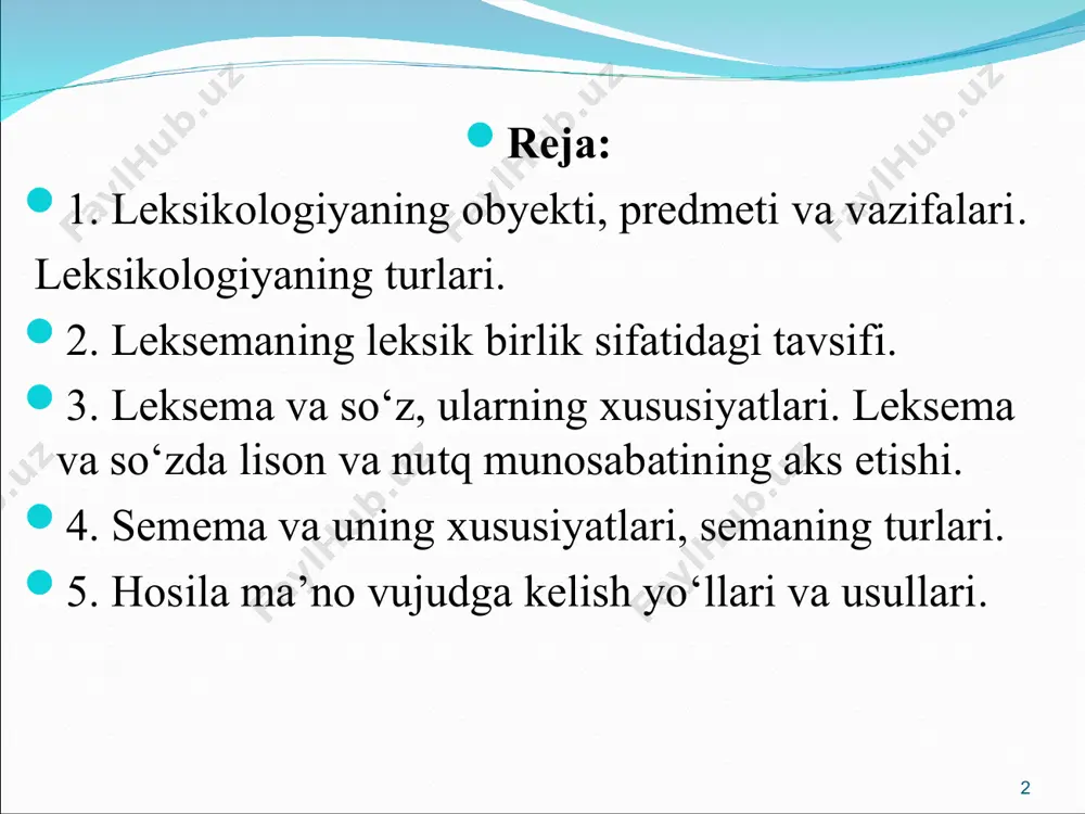atlarni farqlab, ularning tizimiy munosabatlarini tadqiq qiladi. * leksikologiyaning boshqa fanlar bilan aloqasi: leksikologiya tilshunoslikning semasiologiya, onomasiologiya, etimologiya va frazeologiya kabi bo‘limlari bilan hamkorlikda ish ko‘radi. semasiologiya lug’aviy birliklarning mazmun plani-semantik tarkibi va shu bilan bog’liq masalalarni tadqiq qiladi. onomasiologiyada narsa-hodisalarni yoki tushunchalarni nomlash prinsiplari o‘rganiladi. etimologiya so‘zlarning kelib chiqishi aniqlanadi. frazeologiyada tilning lug’at boyligidagi ko‘chma ma’noli turg’un konstruksiyalar-frazemalar xususida baxs yuritiladi. * leksema – ma’lum bir til jamiyati a’zolari ongida tayyor, umumiy va majburiy, shakl va ma’no birligidan iborat, yaxlitlangan, borliqdagi harakat, narsa-predmet, belgi, miqdor kabilarni bildiruvchi tushunchalar va munosabatlarni ifodalaydigan, nutqda so‘zlarni va grammatik morfemalarni biriktiradigan lisoniy birlik. * leksemalarning va so‘z yasash qoliplarining nutqda reallashgan aniq shakl va ma’noga ega bo‘lgan muayyan ko‘rinishi - so‘z. shakl va mazmun birligidan iborat so‘z til birligi sifatida uch yo‘nalishda o‘rganiladi: a) struktur jihatdan (so‘zning qurilish xususiyatlari); b) semantik jihatdan (so‘zning lug‘aviy ma’nosi); s) funksional jihatdan (so‘zning lison va nutq strukturasida …