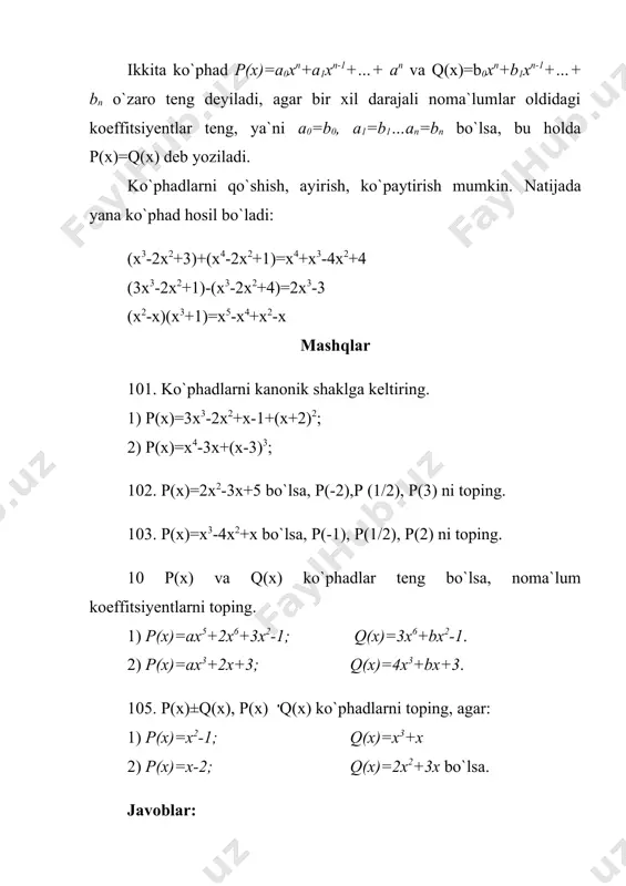 bo`lish 4. bezu teoremasi va gorner-ruffini sxemasi 5. ko`phadning ildizi 6. ratsional ifodalarning aynan tengligi 7. ratsional ifodalarning kanonik shakl 1. butun ko`phadlar ratsional ifodalarning kanonik ko`rinishi ta`rif. butun ratsional ifoda yoki ko`phad deb argumentlar va o`zgarmas miqdordan faqat qo`shish va ko`paytirish amallari yordamida tuzilgan ifodaga aytiladi. 9, x, x2, (x-y)2, x3+5ax2-a2, x3+5ax2-a3, , (ax+by)2[(x-y4+3(ax+b3y))] ko`phadlarda misol bo`la oladi. ifodalarning maxrajlarida argument qatnashgani sababli ko`phad bo`la olmaydi. biz faqat bir argumentli o`zgaruvchili ko`phadlarni ko`rib chiqa-miz: x2+6x-3, bir argumentli ko`phadlarga misol bo`ladi. ko`phad birhadlarning yig`indisidan iborat. ko`phad tarkibidagi eng katta darajali birhadning daraja ko`rsatkichi shu ko`phadning darajasi deyiladi. ko`phadni darajasi pasayib borish tartibida yozish, ko`phadni standart shaklda yozish deyiladi: p(x)=a0xn+a1xn-1+a2xn-2+…+an-1x+an agar ko`phadning hamma o`xshash hadlari keltirilgan bo`lib, standart shaklda yozilgan bo`lsa, bu shakl ko`phadning kanonik shakli deyiladi. misol: p(x)=(x-2)2+x3-2x2+1 ko`phadni kanonik shaklga keltiring. yechish: p(x)=x2-4x+4+x3-2x2+1=x3-x2-4x+5 ko`phad kanonik ko`rinishga keltirildi. ikkita ko`phad p(x)=a0xn+a1xn-1+…+ an va q(x)=b0xn+b1xn-1+…+ bn o`zaro teng deyiladi, agar bir …