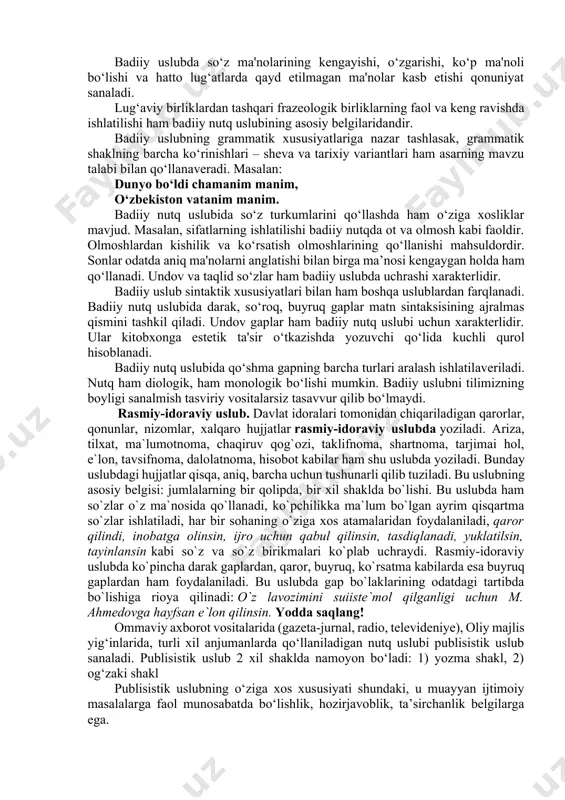 ollar (obrazlar) vositasida estetik ta`sir ham ko`rsatadi: o`lkamizda fasllar kelinchagi bo`lmish bahor o`z sepini yoymoqda.badiiy uslubda qahramonlar nutqida oddiy nutq so`zlari, sheva, vulgarizmlardan ham foydalaniladi. til materialini qamrab olish imkoniyatining kengligi, umumxalq tilida mavjud b ‘lgan barcha lug‘aviy birliklarning hamda boshqa vazifaviy uslub unsurlarining ishtirok etaverishi va ularning muhim bir vazifaga - estetik vazifani bajarishga xizmat qilishini badiiy nutq uslubining uchiga xos xususiyati deb qarash kerak b ‘ladi. badiiy adabiyot tili adabiy til bilan birga umumxalq tili boyliklarini ham qamrab oladi. ya'ni, asarning janr va mavzu shlabi bilan yozuvchining individual uslubiga bog‘liq holda badiiy nutqdan umumxalq tilidagi barcha lug‘aviy qatlamlar ishtirok etaveradi. masalan, adabiy tilda dialektizmlar, jargonlar, varvarizmlardan, dag‘al so‘zlardan, eskirgan so‘zlardan, oddiy so‘zlashuv tili elementlaridan foydalaning maqsadga munofiq bo‘lmagani holda ularni badiiy nutqda o‘rni bilan qo‘llash mumkin. badiiy adabiyot tilining o‘ziga xos xususiyatlaridan biri shuki, s ‘z san'atkorlari faqatgina umumxalq tilida mavjud bo‘lgan so‘z va iboralardangina foydalanib qolmasdan, ularni …