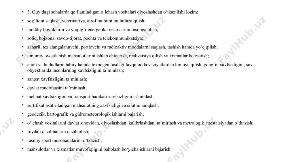 igan o‘lchash vositalari qiyoslashga ixtiyoriy ravishda ushbu qoidalarda belgilangan tartibda taqdim etilishi mumkin. 7. o‘lchash vositalari ishlash siklida birlamchi, davriy, navbatdan tashqari, inspeksion va ekspert qiyoslashlardan, xususan: birlamchi qiyoslashdan — ishlab chiqarishdan yoki ta’mirlashdan so‘ng; davriy qiyoslashdan — o‘lchash vositalari qiyoslashlararo intervalining muddati tugaganda; navbatdan tashqari qiyoslashdan — o‘lchash vositalari qiyoslashdan o‘tkazilganligini tasdiqlovchi tamg‘a shikastlanganda, o‘lchash vositasi qiyoslashdan o‘tganligini tasdiqlovchi hujjat yo‘qotilganda yoki sozlash ishlarini o‘tkazish zarur bo‘lgan holda, shuningdek, o‘lchash vositalarini uzoq (bitta qiyoslashlararo intervaldan ortiq) muddat saqlangandan so‘ng foydalanishga kiritishda; inspeksion qiyoslashdan — davlat metrologik nazoratini amalga oshirishda o‘lchash vositalari qo‘llanishga yaroqliligini aniqlash zarur bo‘lganda; ekspert qiyoslashdan — o‘lchash vositalari sozligi yoki ularning qo‘llanishga yaroqliligi, metrologik tavsiflar bo‘yicha munozarali masalalar yuzaga kelganda o‘tkaziladi. 8. birlamchi qiyoslashdan barcha o‘lchash vositalari nusxalari o‘tkazilishi lozim, metrologik attestatsiyadan o‘tkazilgan o‘lchash vositalari bundan mustasno. 9. o‘lchash vositalarini inspeksion va ekspert qiyoslashdan o‘tkazishda manfaatdor shaxslar yoki ularning vakillari bevosita ishtirok etishlari mumkin. o‘lchash vositalarini …