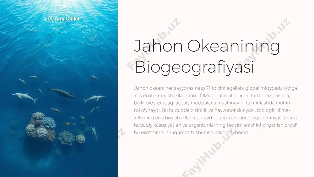 anizmlarning yashash joylarini tasniflashda yordam beradi. jahon okeani biogeografiyasi okean tubi, yuzasi va suv qatlamlaridagi turli hududlarga bo‘linadi. masalan, neritik va okeanik zonalar, pastki va chuqur okean hududlari kabi. ushbu tasniflash, turlar tarqalishini tushunish va okean ekotizimini boshqarish uchun muhim ahamiyatga ega. hudud tavsif neritik zona qirg'oq bo'ylab, quruqlikdan yaqin joylashgan. okeanik zona ochiq okean, qirg'oqdan uzoqda joylashgan. pastki hudud okean tubi, bentos organizmlari yashaydi. chuqur okean hududi okeanning eng chuqur qismi, yuqori bosim va qorong'i sharoitlarga ega. 5 okeandagi hayot xilma-xilligi jahon okeanida hayot shakllarining keng xilma-xilligi mavjud bo'lib, fitoplankton, zooplankton, baliqlar, dengiz sutemizuvchilari va boshqa turli organizmlarni o‘z ichiga oladi. bu xilma-xillik okean ekotizimining barqarorligini ta'minlaydi va oziq-ovqat zanjirining muhim qismi hisoblanadi. bunday xilma-xillik turli iqlim zonalariga bog‘liq va har bir hudud o‘ziga xos turlarni o‘zida jamlaydi. baliqlar okeanning eng ko'p uchraydigan hayvonlari, turli xil turlari mavjud. dengiz sutemizuvchilari katta hajmdagi sutemizuvchilar, okeanda yashaydi. marjon riflari biologik xilma-xillikning …