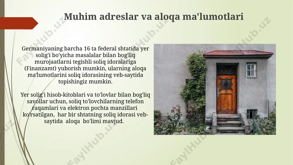 r uchun esa 0,1% dan 0,7% gacha o'zgarib turadi. soliq to'lash muddati va tartibi soliq miqdori mulkning bahosining 3,5% dan 7% gacha o'zgarishi mumkin va bu yerli soliq stavkasi va mulkning joylashgan joyiga bog'liq. kechiktirilgan to'lovlar uchun jarima solinadi. soliq to'lashning bir necha usuli mavjud: bank orqali o'tkazma, pochta orqali to'lov buyurtmasi yoki onlayn to'lov tizimlari orqali. to'lovda soliq to'lovchi raqami va mulk manzili ko'rsatilishi shart. hududiy farqlar мулк солиғининг миқдори фақатгина мулкнинг баҳосига эмас, балки унинг жойлашган ҳудудининг солиқ базавий кўрсаткичига ҳам боғлиқ бўлиб, бу кўрсаткич ҳар бир ерда ҳар хил. германиядаги кўчмас мулк солиғи ставкалари федерал ерлар бўйича сезиларли даражада фарқ қилади, баъзи ерларда 3%, бошқаларида эса 5% гача етади. yer bahosini aniqlash germaniyada mulk solig'i yerning bahosini aniqlashda, yer maydoni va joylashuviga qarab, 1000 dan 5000 evrogacha bo'lgan obyektlarni hisobga oladi. yerning bahosini aniqlash uchun, ekspert baholash, statistik ma'lumotlar va soliq idoralari tomonidan belgilangan me'yorlar qo'llaniladi, bu …