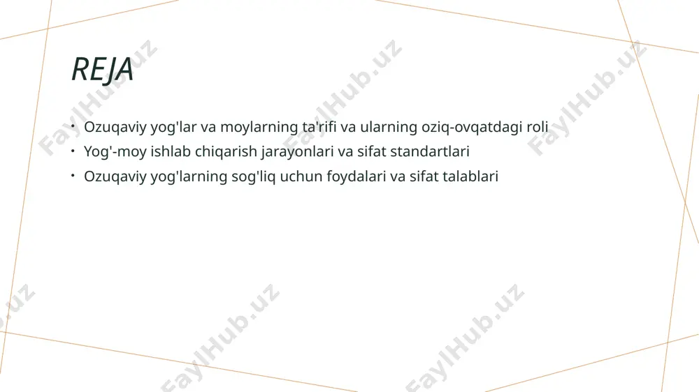 bilan chiqariladi, bu esa unchalik texnologik emas, lekin tabiiy xususiyatlarni saqlaydi. ishlab chiqarishdagi texnologik farqlar zamonaviy ishlab chiqarishda, kimyoviy erituvchilar va yuqori texnologiyalar yordamida yog'lar tez va to'liq olinadi, bu esa mahsulot sifatini va xavfsizligini oshiradi. ozuqaviy yog'larning xususiyatlari va ularning oziq-ovqatdagi ta'siri 1 oziqaviy yog'larning turlari oziqaviy yog'lar turli turlarga bo'linadi, masalan, o'simlik yog'lari va hayvon yog'lari. ular energiya manbai va muhim fosfolipidlar hisoblanadi. 2 yog'larning kimyoviy xususiyatlari yog'lar asosan triglitseridlar va eriydigan vitaminlar (a, d, e, k) bilan boy bo'lib, ularning molekulyar tuzilishi va yog' kislotalarining turlari ta'sir qiladi. 3 oziq-ovqatdagi ta'siri yog'lar taomga lazzat va tekstura qo'shadi, shuningdek, energiya manbai bo'lib, organizm uchun zarur bo'lgan muhim yog' kislotalarini ta'minlaydi. 4 sifat va xavfsizlik yog'larning sifatini ta'minlash uchun ularning tarkibi, eruvchanligi va oksidlanish darajasi nazorat qilinadi; bu sog'liq uchun muhimdir. yog'-moylarning sog'liq uchun foydali komponentlari va ehtiyotkorliklar sog'liq uchun foydali komponentlar ehtiyotkorliklar va cheklovlar sifatli yog'-moy tanlash yog'-moylar …