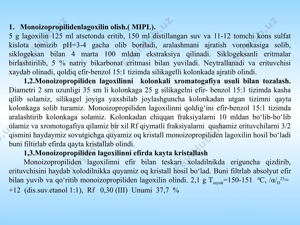 ari intensivligining mono-di-tri-tetraatsetil qatorida pasayib, yo‘qolishi kuzatildi lagoxilinni atsetil hosilalarini mass-spektrlari dial тral теtal моnal lagoxilinning atsetil hosilalarining molekulyar massasi mass-spektrometriya usulida aniqlangan natijalarga asosan moal molekulyar massasi 398 g /mol, dial 440 g /mol, tral 482 g /mol tetal 524 g /mol ga tengligi aniqlandi. amaliy olingan natijalar, nazariy hisoblangan molekulyar massalarga mos keldi. 1. lagochilus inebrians bunge o‘simligini moylar asosida moyli ekstraktni olish. lagochilus inebrians o‘simligi guli, bargi maydalanib,100 gr olib hajmi ikki litrli tagi dumaloq kolbaga solib, ustiga 96 % li etonoldan 300 ml solib, suv hammomida, teskari sovutgich yordamida 30 daqiqa davomida 50-60 oc da ekstraksiya qilindi va uning o‘stiga bir letir kungaboqar yog‘i solib suv hammomida, teskari sovutgich yordamida 60-70 oc da 30 daqiqa davomida ekstraksiya qilinib shu ekstraksiya davomida erituvchisi (etonol) haydab ajratib olindi va yana 95-100 oc da 30 daqiqa davomida ekstraksiya qilinib, o‘simlikning ekstrakti filtrlab olinib, sovutkichda 24 soatga qoldirildi va yana …