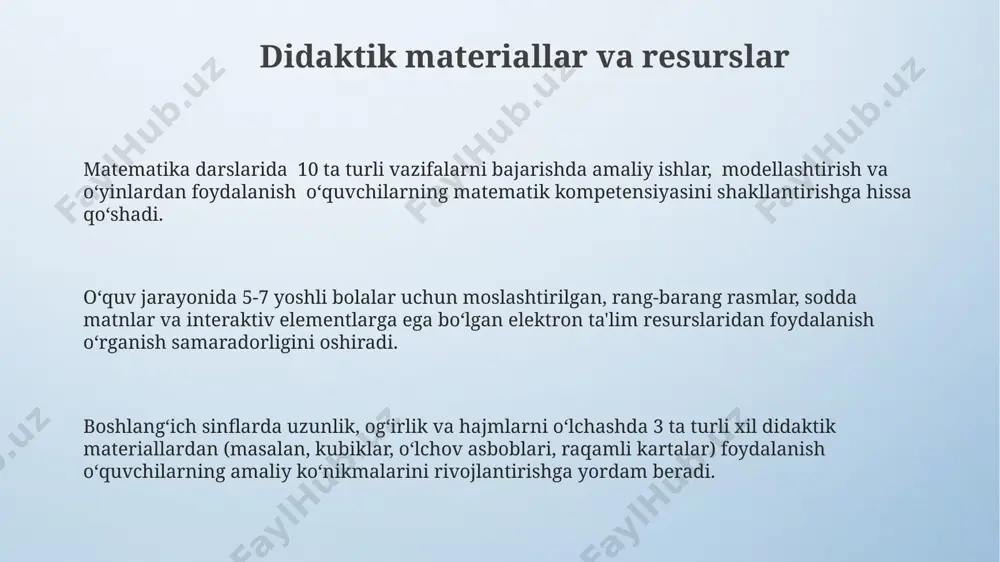 liq holda, oʻquvchilarning amaliy koʻnikmalarini rivojlantirishga qaratilgan 10 ta ta’lim natijalarini aniq belgilash orqali ifodalanadi. kompetensiya asosidagi taʼlimning mohiyati va ahamiyati kompetensiyalarni rivojlantirishga qaratilgan taʼlim mazmuni va uslublari 4 ta asosiy bosqichdan iborat boʻlib, har bir bosqich oʻquvchilarning oʻzlashtirish darajasini kuzatish va baholashni oʻz ichiga oladi. kompetensiya asosidagi taʼlim 21-asr koʻnikmalarini, jumladan, muammo yechish, tanqidiy fikrlash va hamkorlik qilishni rivojlantirishga qaratilgan boʻlib, oʻquvchilarning 3 ta asosiy kompetensiyasini shakllantirishga xizmat qiladi. ushbu yondashuv oʻquvchilarning bilim, koʻnikma va qobiliyatlarini baholashda 5 balldan iborat darajali shkala orqali aniq va obyektiv natijalarga erishish imkonini beradi, bu esa taʼlim jarayonini samaradorligini oshiradi. boshlangʻich sinflarda miqdorlarni oʻqitishda kompetensiyaga asoslangan yondashuv boshlangʻich sinflarda oʻquvchilarning 5 ta asosiy miqdor (uzunlik, massa, hajm, vaqt, pul)ni oʻlchash kompetensiyalarini rivojlantirish uchun amaliy mashgʻulotlar, 10 tadan ortiq turli didaktik materiallardan foydalanish tavsiya etiladi. kompetensiyaga asoslangan yondashuvda 2-sinf oʻquvchilari 3 oydan keyin uzunlikni oʻlchash boʻyicha 80% dan yuqori natijalarga erishishlari uchun, individual yondashuv …