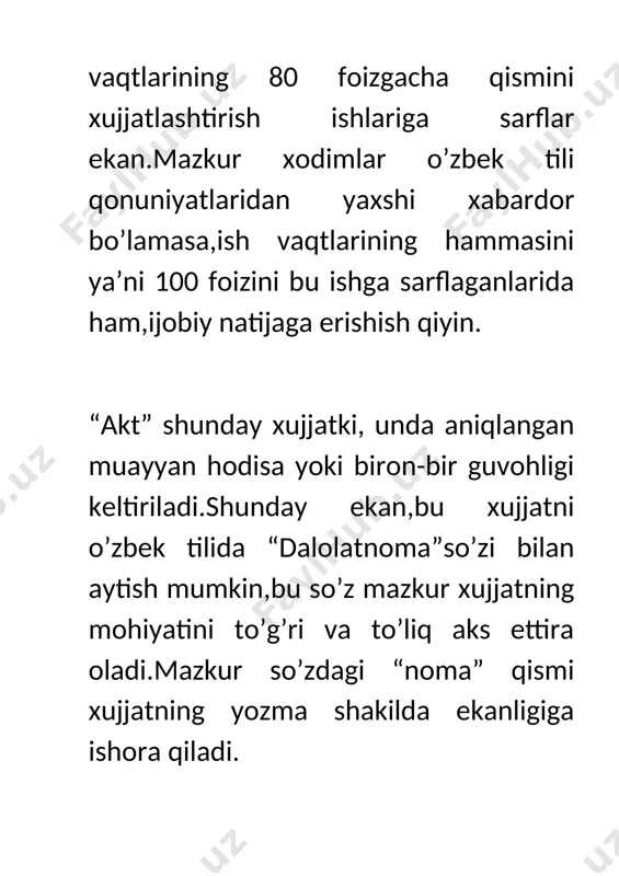 nlari esa tashqi hujjatlardir. hujjatlar mazmuniga ko’ra ikki turli bo’ladi: 1. sodda hujjatlar – muayyan bir masalani o’z ichiga oladi; 2. murakkab hujjatlar – ikki yoki undan ortiq masalani o’z ichiga oladi. mazmun bayonining shakli jihatidan xususiy, na’munaviy va qolipli yoki trafaretli hujjatlar farqlanadi. bundy hujjatlarda ham muayyan doimiy tarkib mavjud bo’lsada bevosita mazmun bayoni bir qadar erkin bo’ladi. namunaviy hujjatlar boshqaruvning muayyan bir xil vaziyatlari bilan bog’liq, boir biriga o’xshash va ko’p takrorlanadigan masalalar yuzasidan tuzadigan matnlarni o’z ichiga oladi. qolipli hujjatlar, odatda, oldindan tayyorlangan bosma ish qog’ozlariga yoziladi, bunday hujjatlarda ikki turli axborot aks etadi, ya’ni o’zgarmas( oltindan tayyor bosma matn ifodalangan) va o’zgaruvchi ( hujjatni tuzish paytida mashinkada yoki qo’lda yoziladigan ) axborotlar; shuning uchun bu tur hujjatlariga nisbatan ko’pincha “yozmoq” emas, balki “to’ldirmoq” so’zini ishlatamiz. shu o’rinda aytish kerakki, hujjatlarning qolipli turlari doirasini kengaytirish – ish yuritishni takomillashtirishdagi maqbul yo’llardan biridir. kishi o’z fikrini aniq va …