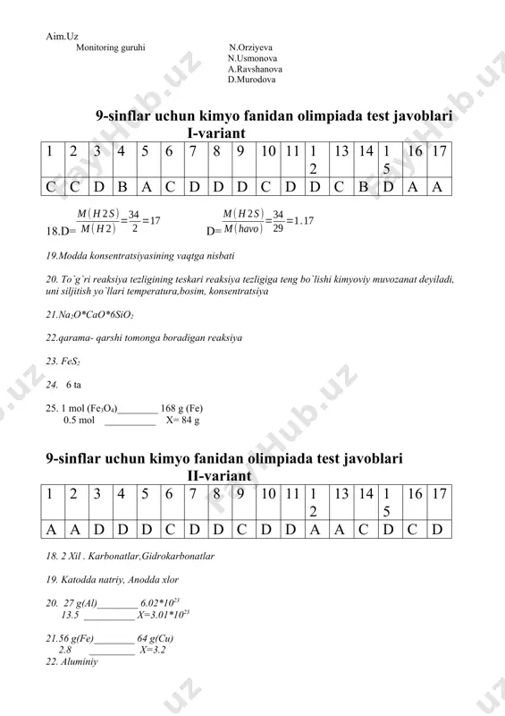 dalarni aniqlang. koh(suyuq)+cl2 – a) kcl, h2o b) kclo, h2o c)kcl, kclo, h2o d) kclo3, h2o 4. quyidagi kislotalarning qaysi biri kuchli kislotalik xossasiga ega? a) h4sio4; b) h3po4; c) hclo4 d) hclo2 5. ishqoriy metallar havoda qizdirilganda qanday birikmalar hosil qiladi? a) ishqoriy metallarning oksidlari b) ishqoriy metallarning gidroksidlari c) ishqoriy metallarning peroksidlari d) litiy metall oksid, qolganlari esa peroksidlar hosil qiladi. 6. ammiak labaratoriya sharoitida qanday olinadi? a) ammoniy tuzlariga ishqor ta’sir ettirilib b) odatdagi sharoitga suv ta’sit ettirib c) past temperaturali isiqlik ta’sir ettirib d) ammoniy tuzlariga kislota ta’sir ettirib 7. oltingugurt nechta allotropik shaklga ega? a) 4 b) 2 c) 3 d) 5 8. xlorid ionini eritmada mavjudligini aniqlovchi modda; a) mgso4 b) cuso4 c) znso4 d) agcl 9. uglerod qizdirilganda kislorod,oltingugurt, azot, metallar, metal oksidlariqatori yana qaysi galogen bilan ta’sirlashadi? a)iod b) xlor c) ftor d) brom 10. formulalari quyidagicha bo’lgan oksidlarning qaysi birlarida kislorodning …