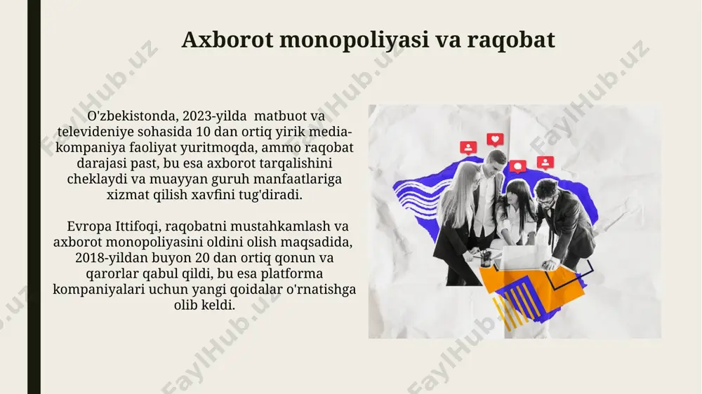 aksariyati milliy madaniyatga oid dasturlarni efirga uzatadi. madaniy xilma-xillik va oav samarqand va buxoro kabi tarixiy shaharlardagi mahalliy radiostansiyalar an'anaviy musiqa va adabiyotni targ‘ib qiladi, ularning tinglovchilari soni 100 mingdan ortiq bo‘lib, madaniy merosimizni saqlashda muhim rol o‘ynaydi. 2000-yillardan buyon o‘zbekistondagi ommaviy axborot vositalarining soni 3 barobar oshdi, bu esa madaniy xilma-xillikni aks ettirish imkoniyatlarini kengaytirdi, lekin mintaqaviy farqlar hali ham mavjud. media manipulyatsiyasi ғарб давлатларининг айрим оавларида ўзбекистоннинг иқтисодий ривожланиши ҳақидаги хабарларда рақамларнинг бузилиши ва салбий таъсир қолдиришга қаратилган мақсадли талқинлар кузатилган, бу 2021 йилдаги инвестиция жалб қилиш кўрсаткичларига салбий таъсир кўрсатган. россия федерациясидан тарқатилган дезинформация кампаниялари ўзбекистондаги ижтимоий тармоқларда 500 мингдан ортиқ фойдаланувчига етиб, 2023 йилдаги парламент сайловларига салбий таъсир кўрсатишга уриниш ҳолатлари қайд этилган. dezinformatsiya va yolg'on yangiliklar o'zbekistonda 2023-yil davomida ijtimoiy tarmoqlarda tarqalgan yolg'on yangiliklarning 30 foizi siyosiy mavzularda bo'lib, toshkent va samarqand kabi yirik shaharlarda ko'proq kuzatildi. dezinformatsiya va yolg'on yangiliklarning tarqalishiga qarshi kurashda, dunyo …