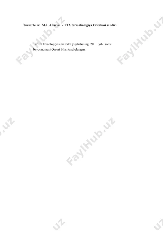 lish, umumlashtirish, qiyosiy ta’riflash, tizimlashtirish ko’nik-malarini rivojlantirish; - kommunikativ ko’nikmalarni rivojlantirish. o`quv faoliyati natijalari: talaba bilishi kerak: - nafas a’zolariga ta’sir qiluvchi vositalarnitasniflash; - nafas a’zolariga ta’sir qiluvchi vositalarni antibakterial xususiyatlarini yoritish; - nafas a’zolariga ta’sir qiluvchi vositalarni ta’sir mexanizmini tushuntirish; - nafas a’zolariga ta’sir qiluvchi vositalarni qo’llash uchun ko’rsatmalarni sanash; - nafas a’zolariga ta’sir qiluvchi vositalarni chaqirgan nojo’ya ta’sirlari va asoratlarini ifodalashi kerak. talaba qila olishii kerak: - amaliy ko’nikmalar – resteptura bo’yicha vazifalarni bajarish (dorilarni chiqarish shakli, dozasi, miqdori va qo’llanilishini ko’rsatib resteptlar yozish: kofein-natriy benzoait (tab, amp), kordiamin (amp, flak), libeksin (tab), kodeina fosfat (por), termopsis o’tining damlamasi, bromgeksin (tab), eufillin (tab,amp), atropina sulfat (amp), adrenalin gidroxloridi (amp), efedrin gidroxloridi (amp), izadrin (flak); - informastiyani analiz qilish, umumlashtirish, qiyosiy ta’riflash, tizimlashtirishni; - kommunikativ ko’nikmalarni. ta’lim usullari usul: moychechak ; texnika: grafik organayzer – nilufar guli chizmasi. ta’lim shakli yakka tartibli, jamoaviy, guruҳlarda ishlash ta’lim vositalari o`quv qurollari, …