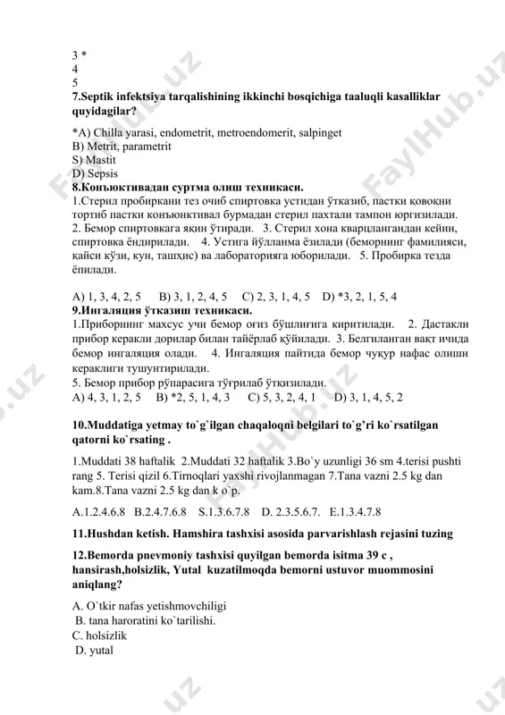 da eritrotsitlar bor tashxis qo‘ying a. ishemik insult b. gipertonik kriz s. meningit d. bosh miya o‘sma kasalligi 15.jgut quyish amaliyot algoritmi qoidalari qaysi variantda to`ri kеltirilgan: a. oyoq artеriyasiga 2 qo`l artеriyasiga 1.5 s dan ortiq jgut kuyilmaydi jgut quyilgan vaqtini ko`rsatish * b. oyoq artеriyasiga 2 qo`l artеriyasiga 1 sdan ortiq jgut kuyilmaydi quyiladigan jgut kеsishmasligi lozim c. oyoq-qo`l artеriyalariga 3 s gacha bosish jgut quyilgan vaqtini ko`rsatish d. oyoq-qo`l artеriyasiga 1 s gacha bosish oyoq-qo`lni issiq o`rab qo`yish 16. qariyalarda anafilaktik shokda shoshilinch yordam korsatish algoritmi qaysi javobda kursatilgan a. kalsiy xlor 10%-10 ml tomir ichiga, kalsiy glyukonat 10%-10 ml tomir ichiga yuboriladi.. vikasol. 1% li eritmasi 1 ml dan muskullar orasiga yuboriladi. askorbin kislota. 5% li eritmasi 1-3 ml miqdorida parenterial yul bilan yuboriladi. b. qatiy yotish tartibi. nitrogliserin -1tabletkadan til tagiga tashlanadi, xar 5-minutda 3-martagacha. dimedrol 1% li eritmasi 1-5 ml miqdordagi eritmasi muskullar orasiga …
