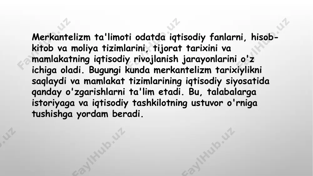 lanishi, taqsimlanishi va foydalanishini tartibga solish bilan vujudga keladigan munosabatlardir moliya tizimi - turli darajadagi moliyaviy muassasalar bo'lib, moliyaviy munosabatlarga xizmat qiladi. eksport - tovarlar, xizmatlar, ishchi kuchi va kapitalni mamlakat tashqarisiga chiqarish. erkin narxlar - talab bilan taklif nisbatiga bog'liq bo'lgan narxlar valyuta - ( ital. valuta. lat. valere- qadrlanmoq, qiymat )- mamlakatning pul birligi va uning tipi (oltin, kumush, qog'oz, pul)ga tenglashtirilgan to'lov vositalari. talab - ma'lum vaqtda narxlarning ma'lum darajasida sotib olish mumkin bo'lgan tovarlar xizmatlar miqdoridir.talab pul bilan ta'minlangan ehtiyojdir. talab qonuni - mahsulot narxi bilan sotib olinayotgan tovar miqdori o'rtasida bo'ladigan teskari yoki qarama - qarshi bog'liqlikning mavjudligidir. taklif - ishlab chiqaruvchilar ma'lum vaqt ichida ishlab chiqarishga qodir bo'lgan narxning har bir darajasida bozorga sotishga chiqaradigan mahsulotlar miqdoridir. taklif qonuni - narx bilan sotishga chiqarilayotgan tovarlar o'rtasidagi bevosita ya'ni to'g'ridan-to'g'ri bog'liqlikdir. pul - (fr.protectionnisme, lat.protection-himoya) hamma tovarlar va xizmatlar ayirboshlanadigan, umumiy ekvivalent bo'lgan maxsus tovar, …