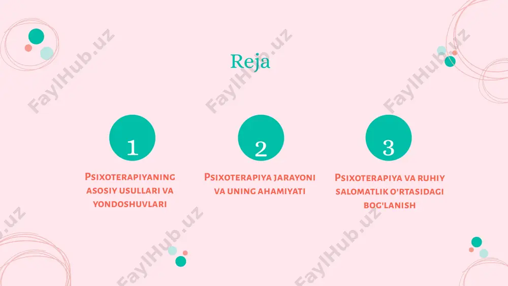 i bilan ajralib turadi. yondoshuvlarning afzalliklari kognitiv-behavioral terapiya tez natijalar berishi, psixodinamik yondoshuv chuqur ruhiy jarayonlarni o'rganishga yordam berishi, gumanistik yondoshuv esa shaxsiy o'sishga e'tibor qaratishi bilan tanilgan. qo'llanishi va ko'rsatkichlari yondoshuvlarni tanlashda bemorning ehtiyojlari va muammolari muhimdir. masalan, depressiya yoki ansiyete muammolari uchun turli yondoshuvlar samarali bo'lishi mumkin. psixoterapiya jarayoni: asosiy bosqichlar jarayonni boshlash psixoterapiya jarayoni bemor va terapevt o'rtasidagi dastlabki uchrashuv bilan boshlanadi. bu uchrashuvda bemor o'z muammolari haqida gapiradi va terapevt uning ehtiyojlarini tushunishga harakat qiladi. davolash jarayoni dastlabki konsultatsiyadan so'ng davolash jarayoni boshlanadi. bu jarayon bemorning holatiga qarab bir necha haftadan bir necha oygacha davom etishi mumkin. psixoterapiyaning ahamiyati ruhiy salomatlikdagi o‘rni psixoterapiya ruhiy salomatlikni yaxshilashda muhim rol o‘ynaydi. bu jarayon shaxslarning ichki muammolarini hal qilishga yordam beradi, o‘zlarini yaxshiroq tushunishlariga va hayotdagi stress faktorlari bilan kurashishda qo‘llaniladi. terapiya orqali insonlar o‘z hissiyotlarini ifoda etish va boshqarish imkoniyatiga ega bo‘ladilar. stress va depressiyani engishdagi roli psixoterapiya …
