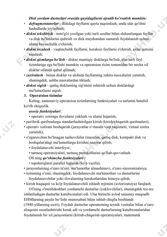 ga tegishli . bundan tashqari, tizim dasturiy ta'minotining bir qismi xizmat ko'rsatish dasturidir , u turli xil yordamchi dasturlarni o'z ichiga oladi . - kompyuter va periferik qurilmalarga xizmat ko'rsatish, ot imkoniyatlarini kengaytirish uchun yordamchi dasturlar. utilitlar - bu tor doiradagi yordamchi vazifalarni hal qilish uchun mo'ljallangan dasturlar. utilitlar quyidagi operatsiyalarni bajarish uchun ishlatiladi: • datchik ko'rsatkichlari va uskunaning ishlashini kuzatish - protsessor va video adapter haroratini kuzatish; smar.t o'qishlari qattiq disklar; • uskuna parametrlarini nazorat qilish - kompakt diskning maksimal aylanish tezligini cheklash ; fan tezligini o'zgartirish; • ishlash monitoringi - referent yaxlitligini tekshirish; ma'lumotlarni yozib olishning to'g'riligi va boshqalar. utility turlari: • disk yordam dasturlari (disk bilan ishlash); • ro'yxatga olish kitobi yordam dasturlari; • apparat monitoringi yordamchi dasturlari; • sinov uskunalari uchun kommunal xizmatlar. disk yordam dasturlari orasida quyidagilarni ajratib ko'rsatish mumkin: • defragmentatorlar - diskdagi fayllarni qayta taqsimlash, unda ular qo'shni hududlarda joylashadi; • diskni tekshirish …