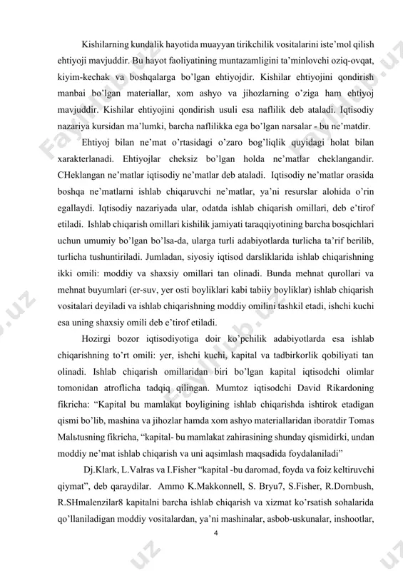 harakatda bo’lib, bu harakat jarayonida bir qator bosqichlarni bosib o’tadi. xo’jalik yurituvchi sub’ekt o’z ixtiyoridagi pul kapitaliga ishlab chiqarish vositalari va mehnat buyumlarini sotib olishi va unga ishlov beruvchi ishchi kuchini yollashi bilan kapital xarakatining birinchi bosqichi boshlanadi. bu bosqichda pul shaklidagi mablag’lar unumli kapitalga aylanadi. ishlab chiqarish jarayoni kapital harakatining ikkinchi bosqichini tashkil qilib, unda unumli kapital tovar shaklini oladi. bu yerda vujudga elgan tovar qiymati ishlab chiqarish vositalari va ishchi kuchiga sarflangan qiymatdan ko’p bo’ladi. kapital harakatining uchinchi bosqichiishlab chiqarilgan tovarlarni sotishni o’z ichiga oladi. bunda tovarlar pulga aylanib, dastlab pul shaklida sarf qilingan mablag’ yana pul shaklida, ammo orttirilgan qiymat hisobiga ko’proq miqdorda qaytadi. kapitalning bunday bosqichlardan o’tishi, uning doiraviy aylanishini tashkil etadi. kapital doiraviy aylanishining mazmuniga ko’ra ikki qismga: asosiy va aylanma kapitalga bo’linadi. asosiy kapital qiymati bir necha doiraviy aylanishdan so’ng o’zining boshlang’ich qiymatini tiklasa, aylanma kapital bir doiraviy aylanishdan so’ng o’zining boshlang’ich shakliga qaytadi. …