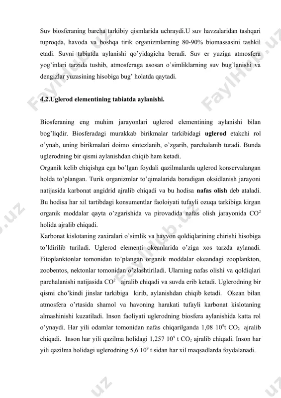 i. bu muzliklarning erishi, okean sathining ko’tarilishi kabi salbiy holatlarga olib keladi. shuning uchun insoniyat oldida yangi energiya manbalari va texnologik jarayonlarni topish muammolari turibdi. 4.3.azot elementining tabiatda aylanishi. atmosferada erkin holatdagi azotning miqdori 70% dan ortiq bo’lsa, ham undan foydalanish uchun birikma holga o’tkazish kerak. birikma holga o’tkazishning turli yo’llari mavjud bo’lib, ulardan tabiatda kuzatiladigan momaqaldiroq vaqtida chaqmoqchaqishi va ionlanish jarayonlari,meteoritlarning qo’yib ketishi kabilarni ko’rsatish mumkin. ammo erkin azotni birikma holga o’tkazishda tirik organizmlarning roli katta. bakteriyalar faoliyati natijasida 2-3 kg dan 5-6 kg gacha (1 gektar maydonda) azot birikma holga o’tkaziladi. dukkakli o’simliklarning ildizida yashobchi tugunak bakteriyalar esa yiliga 350 kg ga azot birikmasini to’playdi. azotni birikma holiga o’tkazish uchun energiya talab etiladi. tuproqda natrifikastiyalovchi bakteriyalar tomonidan ammoniy natrit va natriylargacha oksidlanadi hamda denitrifikastiyalovchi bakteriyalar tomonidan esa ular gaz holidagi azot va yoki azot oksidi tarzida qaytariladi. ammoniy ionlarning nitrit va nitratlargacha oksidlanishi energiya ajralishi bilan boradi. denitrifikastiyalovchi …