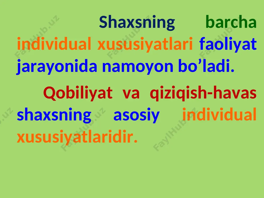 ni qobiliyatli kishi (umuman) qobiliyatli matematik, qobiliyatli musiqachi, konstruktor, rassom va hokazo deydilar. faoliyatning biror turi sohasida qobiliyatning paydo bo'lish darajasi muayyan kishining individual xususiyati bilan xarakterlanadi. qobiliyatning bunday xususiyatlari maktab bolalarida ham ko'rinadi. ba’zi bir o'quvchilar o'zlarining zehni o'tkirliklari bilan, boshqalari poetik asarlarni aniq idrok qilishliklari bilan, uchinchisi esa, texnik ijodkorligi bilan, to‘rtinchisi esa, o'zining laboratoriya mashg'ulotlariga usta bo'lish va hokazolar bilan ajralib turadi. ayrim kishilarning qobiliyati birgina sohada emas, balki bir necha sohalarda yaqqol namoyon bo'ladi. bunday kishilar har tomonlama qobiliyatli kishilardir. odamning qobiliyatlarida tug'ma xususiyatlar ham namoyon bo'ladi. shaxsning rivoj topib, qobiliyatlarida namoyon bo‘ladigan tug'ma xususiyatlari iste’dod deyiladi. qobiliyat va iste’dodda kishining aqli (intellekti) ham, ya’ni idrok va kuzatuvchanligining, tafakkur, xayol, nutq va xotiraning qanchalik o'sganligi ham ko'rinadi. aql faoliyati diqqat va iroda bilan bog'liq bo'lgani uchun qobiliyat va iste’dod diqqat va irodaning qanchalik kuchli va barqarorligida ham ko'rinadi. kishining qanchalik kuzatuvchan ekanligi, bilimlarni qanday o'zlashtirishi, nazariy …