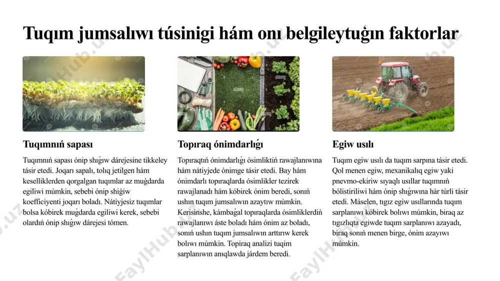 oriya analizinen ótkerilip, óniw dárejesi 95% den joqarı bolgan sapalı boliwi kerek. egiwden aldın, topıraq ónimdarlıǵın anıqlaw ushın topiraq úlgileri alınadı hám analizlenedi. tabılgan maǵlıwmatlar, agrotexnikalıq ilajlardı rejelestiriwde qollanıladı. barlıq maydanlarǵa birdey agrotexnikalıq sharayatlardı támiyinlew ushın tómendegi ilajlar kóriledi: birdey topıraq dúzilisi (misalı, qumlaq topıraq), ónimdarlıǵı (birdey muģdarda tógin qollanıladı: azotli-100 kg/ga, fosforli-80 kg/ga, kaliyli-60 kg/ga), suwģarıw rejimi (birdey muģdarda hám waqit aralıǵında suwģarıladı) hám jabayı shóplerge qarsı ilaj ( bunnan tısqarı, egiw waqtı, egiw tereńligi hám egiw tıgızlıǵı da birdey boladı. bulardıń barlıǵı sonı támiyinleydi, hár bir maydanda tuqımnıń ónip shıǵıwı hám ósiwine tek ǵana tuqımnıń muǵdarı tásir etedi. hosil yig'im-terimi pishish davrining oxirida amalga oshiriladi. har bir maydondan olingan hosil miqdori (kg/ga) aniqlanadi va jadvalga kiritiladi. natijalar grafik ko'rinishda tasvirlanadi (masalan, chiziqli grafik yordamida). hosildorlik va urug' miqdori o'rtasidagi bog'liqlikni tahlil qilib, eng yuqori hosildorlikni beradigan optimal urug' sarfini aniqlaymiz. olingan ma'lumotlar regressiya tahlili yordamida statistik tahlil qilinadi. …