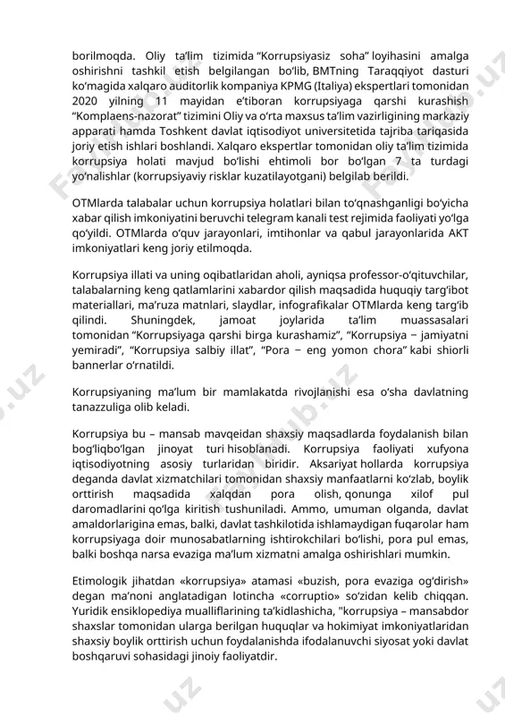 asini o‘rganish shuni ko‘rsatadiki, korrupsiyani yuzaga keltiruvchi omillarni bartaraf etish korrupsiyaga qarshi kurashda muhim o‘rin egallaydi. bunda konstitutsiyaviy nazorat organlari, huquq-tartibot organlarining ahamiyati ortadi. ya’ni, korrupsiyaga olib kelishi mumkin bo‘lgan normalarni konstitutsiyaviy nazorat organi tomonidan konstitutsiyaga zid deb topish, aholining huquqiy savodxonligini oshirish kabi metodlardan unumli foydalanish ushbu davlatlarni korrupsiya darajasi juda past bo‘lgan davlatlar qatoriga olib chiqqan. ikki xil ma’noni anglatuvchi qonunlar - ushbu vaziyat huquqni qo‘llovchi mansabdor shaxs tomonidan qonunlarni turlicha qo‘llash imkonini yaratadi. shuningdek, ayrim mutaxassislar jinoyat, ma’muriy qonunchilikdagi “vilka” sanksiyalarni ham korrupsiyaga qulay sharoit yaratishi mumkinligi haqida fikr yuritishgan. ya’ni, sanksiyaning aniq miqdori yo‘qligi sudyada uni o‘z hohishiga qarab qo‘llashga sharoit yaratib beradi. aholi huquqiy savodxonligining pastligi - aholi tomonidan qonunlarni bilmaslik yoki tushunmaslik mansabdor shaxsga o‘zining shaxsiy manfaati yo‘lida qonunlardan foydanishga qulay sharoit yaratadi. mamlakatdagi siyosiy vaziyatning notinchligi - mamlakatdagi notinchlik birinchi navbatda aholi ongida hayotda yuksak turmush darajasiga erishishning asosiy usuli qonunga xilof faoliyat …