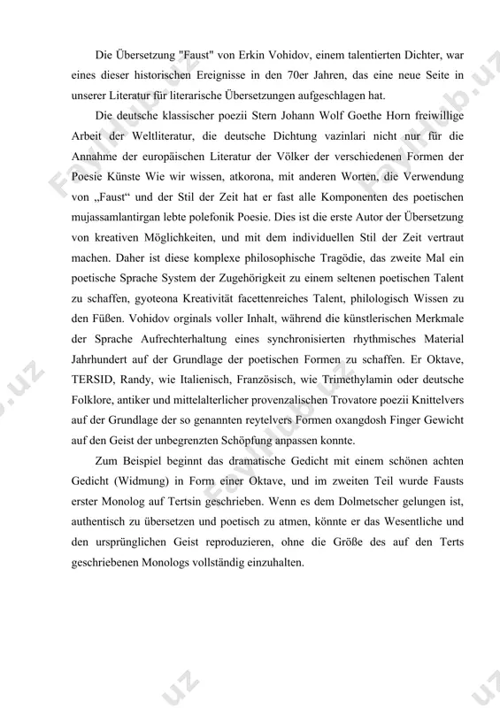 das wesentliche und den ursprünglichen geist reproduzieren, ohne die größe des auf den terts geschriebenen monologs vollständig einzuhalten. dies ist eines der ersten gedichte der usbekischen dialektischen literatur. 1. beispiel: original: 2. so bleibe den die sonne mit im rucken! 3. der wassersturz, das pelsenriff dirchbrausend. 4. thn shau ich an mit wachsendem entzucken 5. von shirz zu sturzen waltz er jetzt in tauzend 6. dann abertauzend stramen sich ergiebend 7. hoch in die lufte schaum an schaaume sausend 8. allien wie herlich, diesem sturmerspriebend 9. wolft sich dea bunten bogens wechseldauer 10. bald rein gezeichnet, bald in luft zerfliebma 11. umher verbreitend duftig kuhle schauer 12. der spugelt ab das menschliche besreben 13. thm sinne nach, und du begreifst genauer 14. am farbigen abglanz haben wir das laben pasternak übersetzung: 1. нет, солнце, ты милей, когда ты – озады 2. передо мной сверханье водопода. 3. я восхищен, но это …