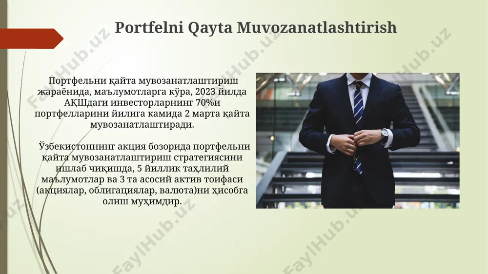 портфелни оптималлаштиришда компьютер дастурларидан фойдаланади, бу эса 5% гача хатоларни камайтиришга ёрдам беради. e'tiboringiz uchun rahmat @taqdimot_robot image1.jpg image2.jpg image3.jpg image4.jpg image5.jpg image6.jpg image7.jpg image8.jpg image9.jpg