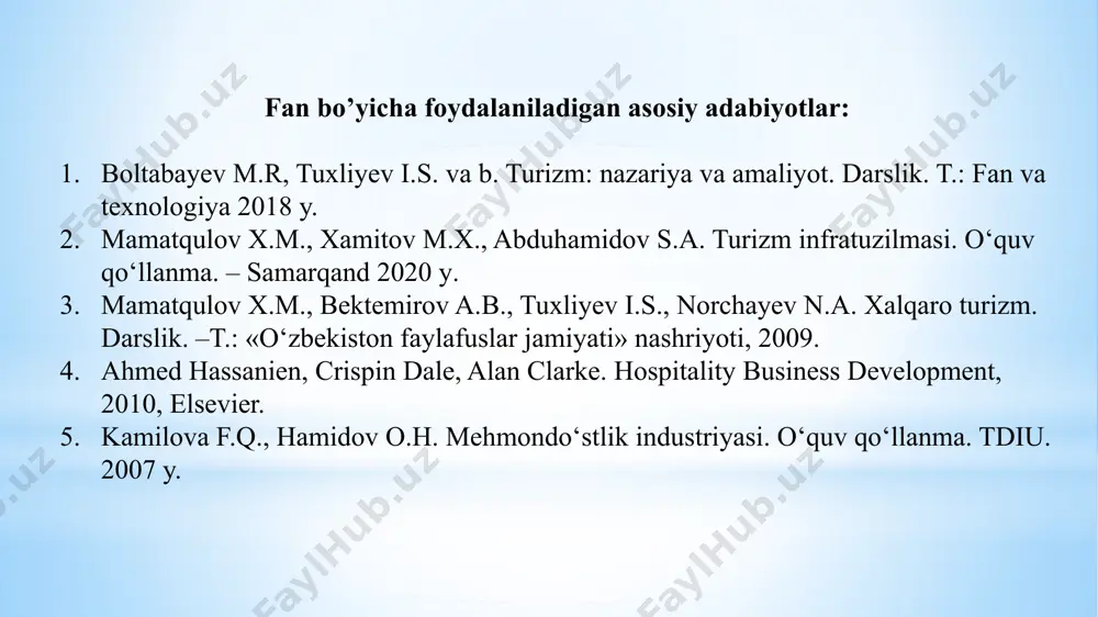respublikasi prezidentining 2019 yil 5 yanvardagi pq-4095-sonli «turizm tarmog‘ini jadal rivojlantirishga oid chora-tadbirlar to‘g‘risida»gi qarori. mamatqulov x.m. mehmonxona va turistik komp­lekslarda xizmatlarni tashkil etish. o‘quv qo‘llanma. – s.: samisi, 2012. jukova m.a. industriya turizma: menedjment organizatsii. m.: «finansi i statistika», 2006. organizatsiya turizma. pod.red. a.p. durovicha. ucheb. posob. minsk. «novoye znaniye», 2006. aleksandrova yu.a. «mejdunarodniy turizm» uchebnik. m: «aspekt press» 2004g. kvartalnov v.a., turizm . uchebnik. m., «finansi i statistika». 2004. 1-mavzu: «mehmondo’stlik industriyasi» fanining maqsadi va vazifalari reja: 1. mehmondo‘stlik industriyasining tushunchasi va mohiyati 2. mehmondo‘stlik industriyasi fanining maqsadi 3. mehmondo‘stlik industriyasi fanining vazifalari «…turizmga iqtisodiyotning strategik sektori maqomini berish, ushbu sohani barcha hududlarni va o‘zaro bog‘liq tarmoqlarni kompleks ravishda jadal rivojlantirishning yetakchi kuchiga aylanishi lozim bo‘lgan iqtisodiyotni diversifikatsiyalash, tarkibiy o‘zgartirish va barqaror rivojlanishning qudratli vositasiga aylantirish...». o‘zbekiston respublikasi prezidentining 2016 yil 2 dekabrdagi pf-4861-sonli «o‘zbekiston respublikasining turizm sohasini jadal rivojlantirishni ta’minlash chora-tadbirlari to‘g‘risida»gi farmoni. 1.1. mehmondo‘stlik industriyasining tushunchasi …
